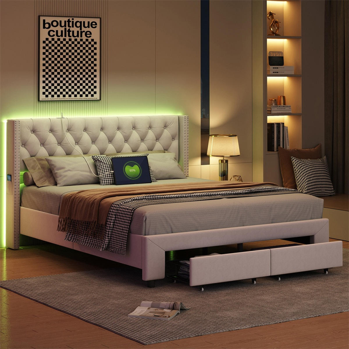 POLSTERBETT 180x200 cm mit LED-Beleuchtung - mit USB-Ports, Seitentaschen und 2 Schubladen - Kopfteil im Nieten-Design - Beige, Textil (180/200cm) - DELFA