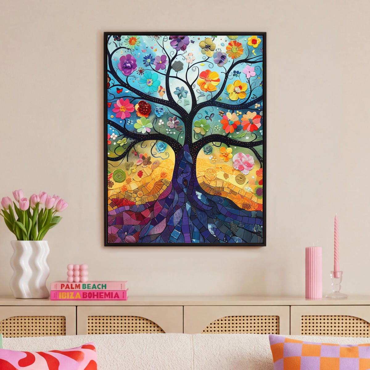 LEINWAND Bilder mit Rahmen - Kunst - Baum des Lebens - Blumen - Hippie - 70x100 - Dunkelblau, Textil (70/100cm) - MuchoWow