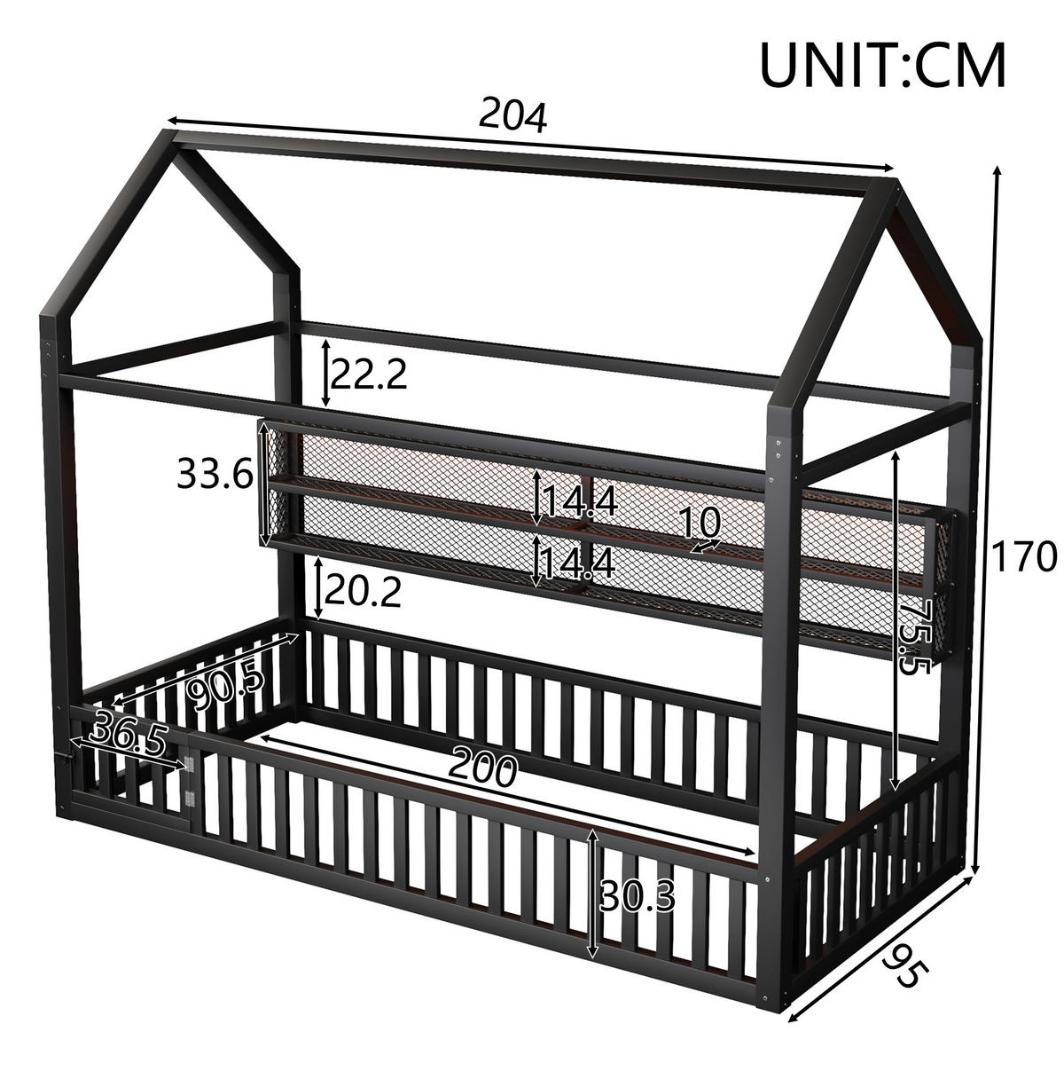 KINDERBETT 90/200 cm in Hausform aus Metall mit Sicherheitszaun und LED - Schwarz, Metall (90/200cm) - BEAOK