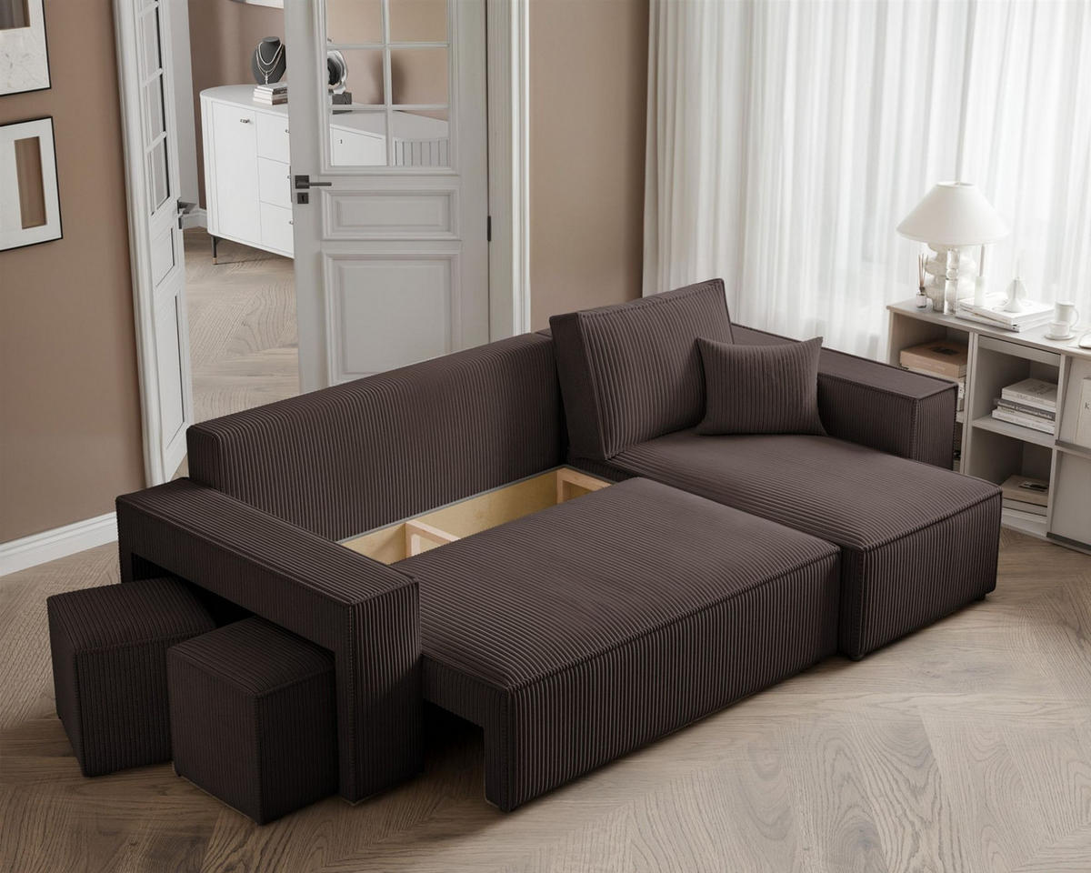 ECKSOFA Adara Inkl. Hocker - Braun, Holzwerkstoff/Textil (145/262cm) - Fun Möbel