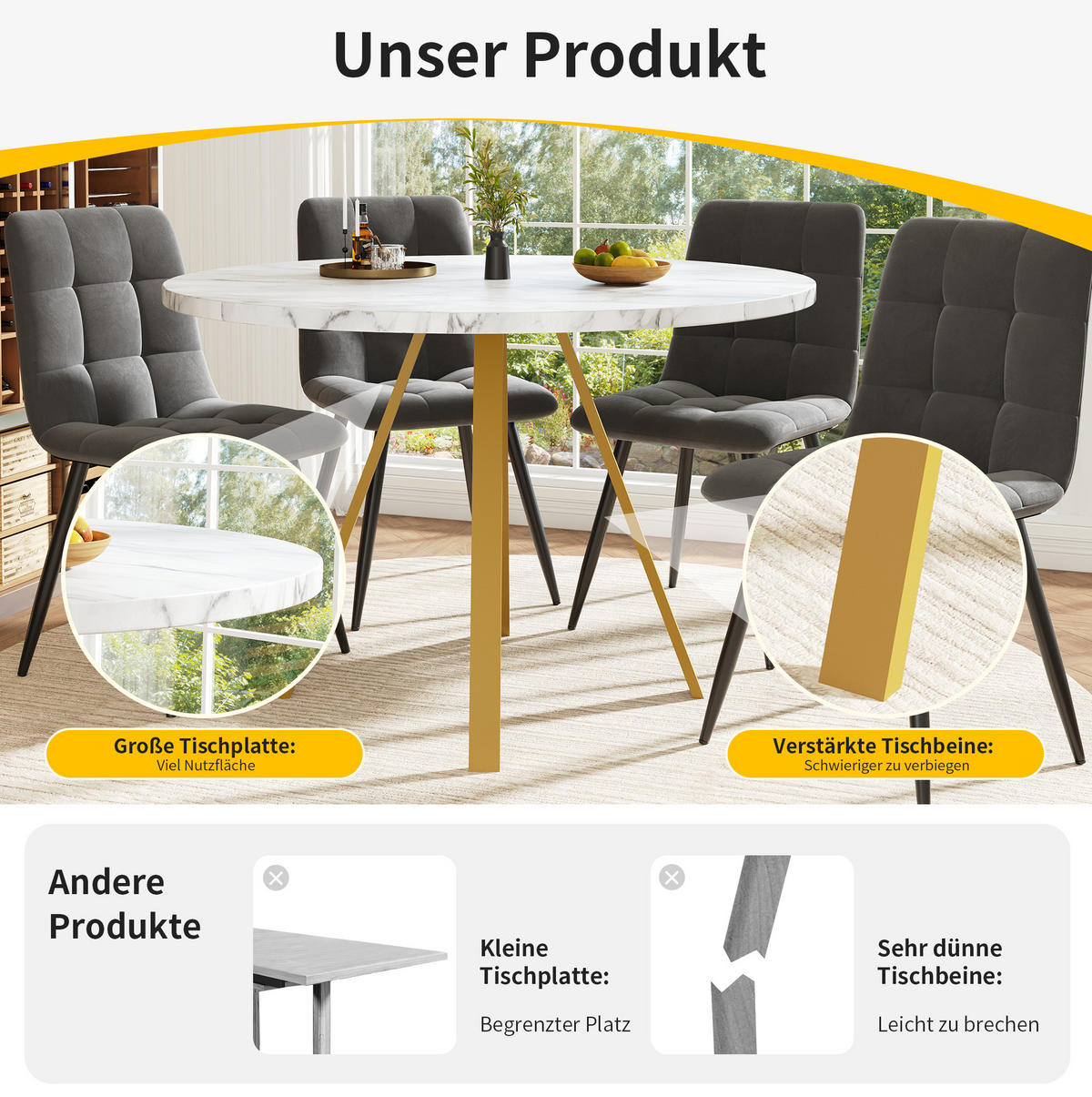 ESSTISCH 80/80/75 cm in Weiß/Gold mit Marmoroptik und Metallgestell - Weiß, Holzwerkstoff (80/80/75cm) - Flora Grace