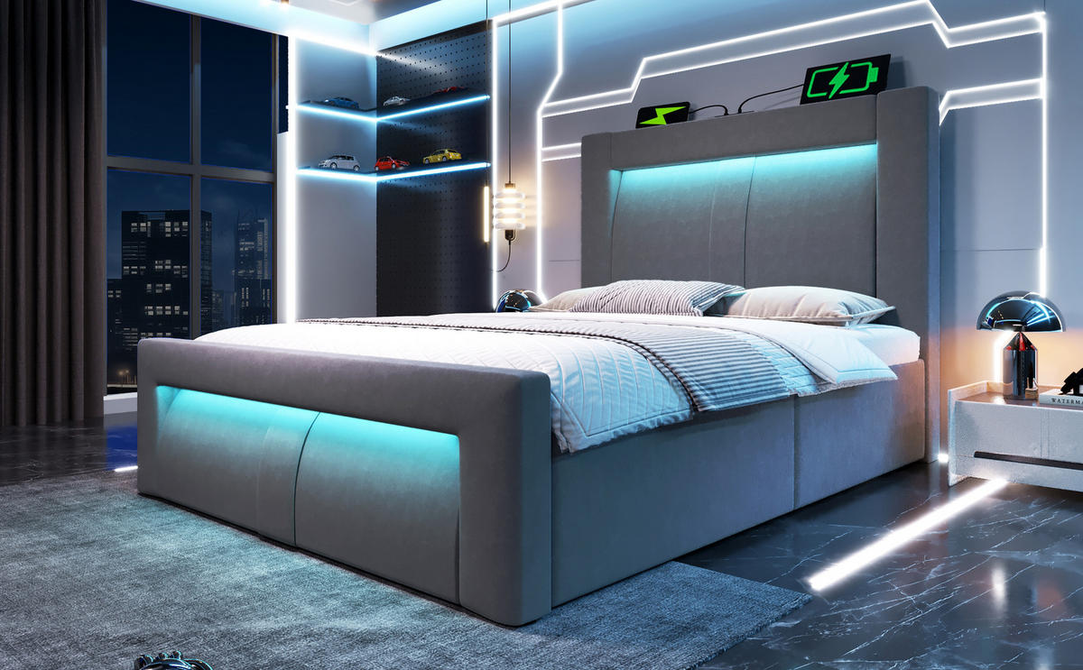 POLSTERBETT 90/200 cm Grau aus Samt mit Stauraum und LED mit Matratze - Grau, Textil (90/200cm) - OKWISH