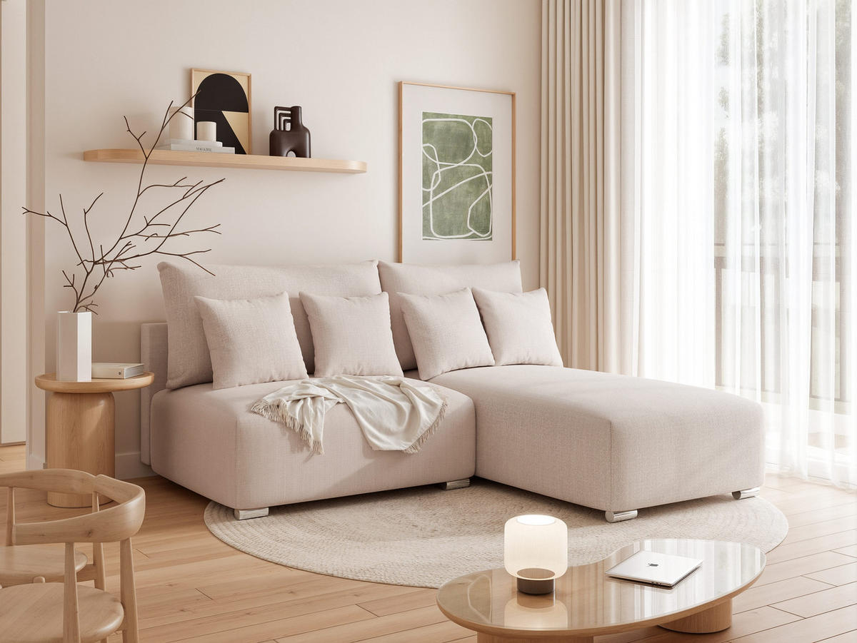 ECKSOFA ELVO mit Schlaffunktion und Bettkasten Creme - Creme, Holzwerkstoff/Kunststoff (208/190cm) - Idohome