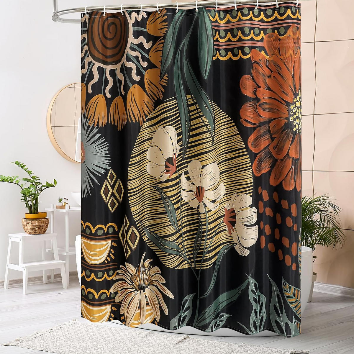 DUSCHVORHANG extrem lang floral Boho elegant für Dekoration Badezimmer - Schwarz, Textil (200/180cm) - MCBOSON