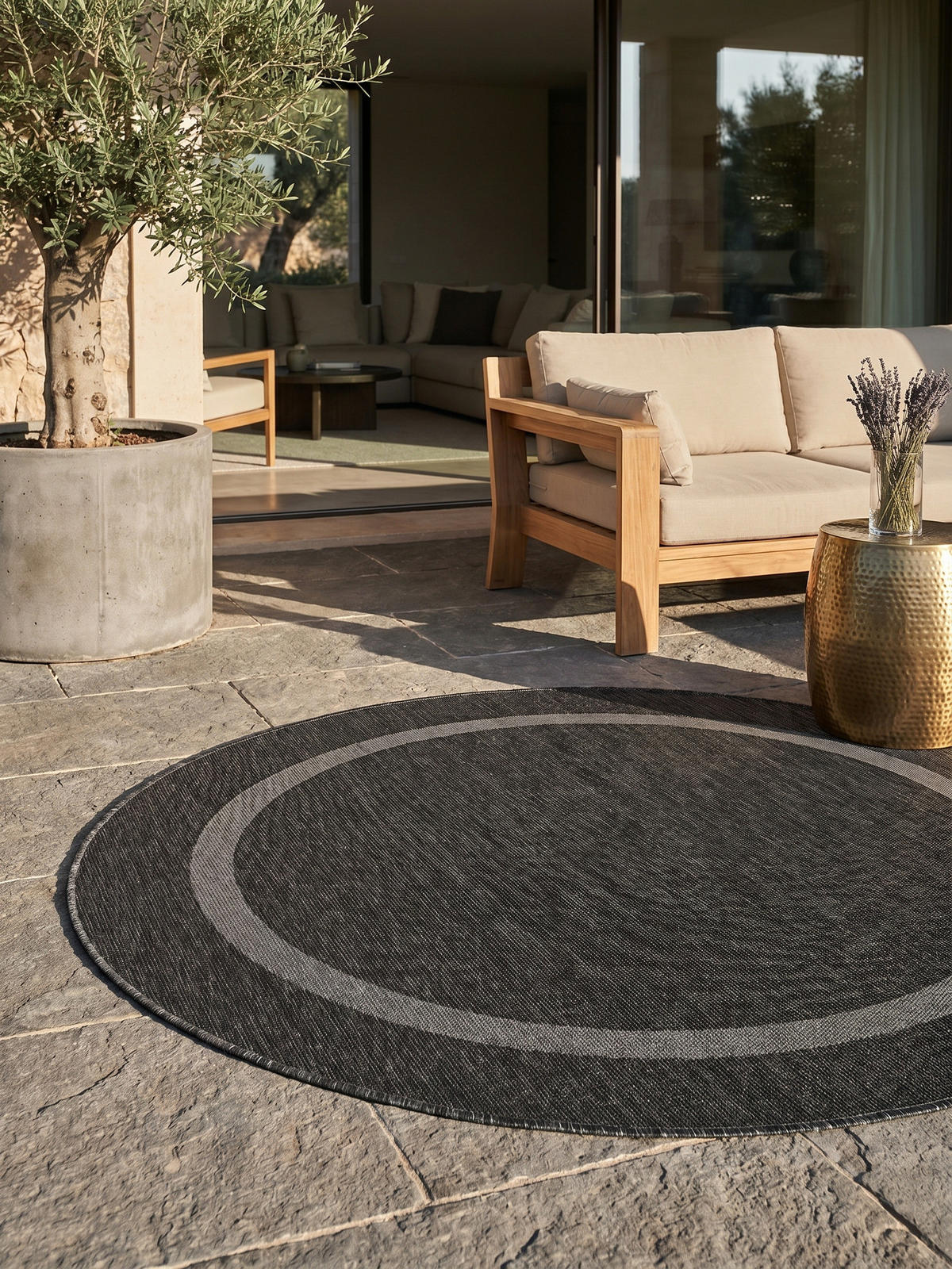 TEPPICH Balkon Unifarben Pflegeleicht Waschbar Terrasse Rund Schwarz 160x160 cm – ALSTER - Grau, Textil (160/160cm) - KADIMA DESIGN