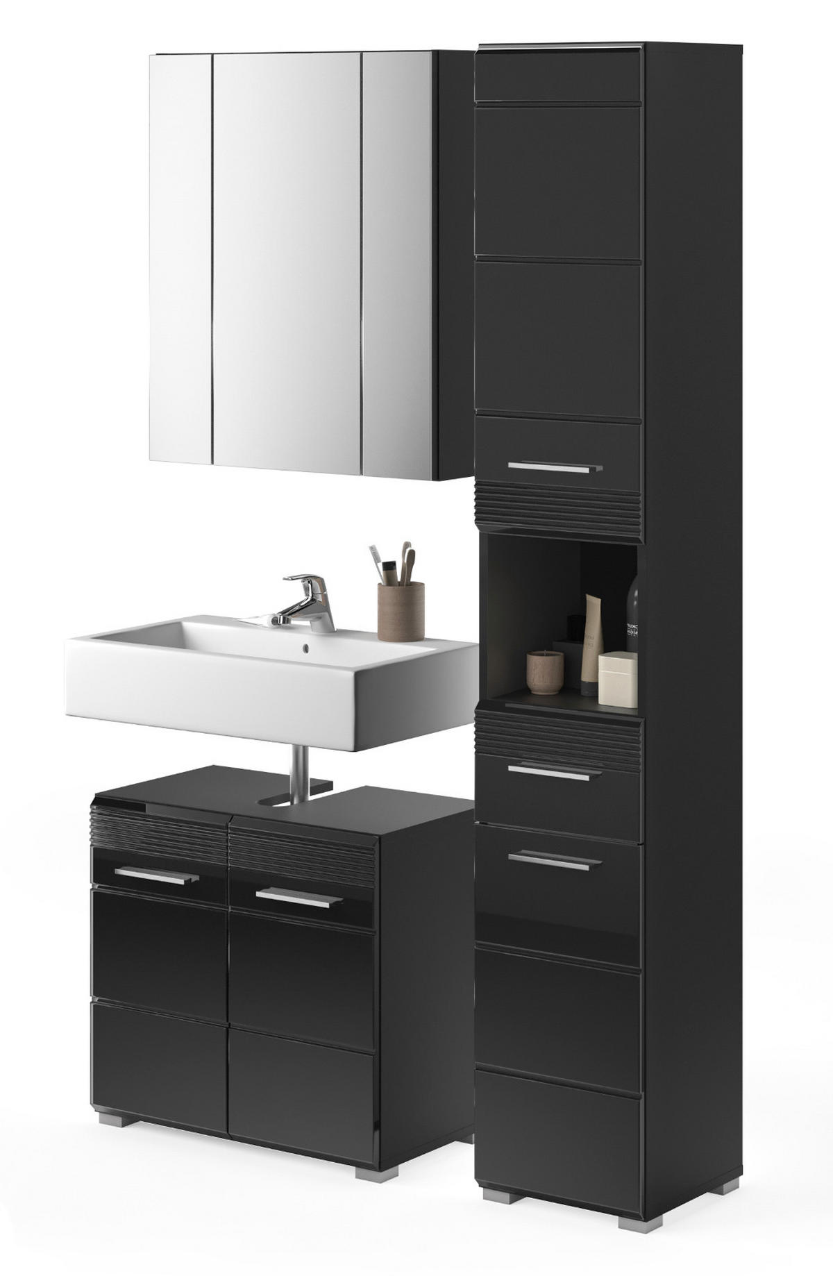 BADMÖBEL-SET in schwarz Hochglanz, 3-teilig 105 cm, Badkombination - Schwarz, Glas/Holzwerkstoff (105/182/34cm) - Inn.Furn