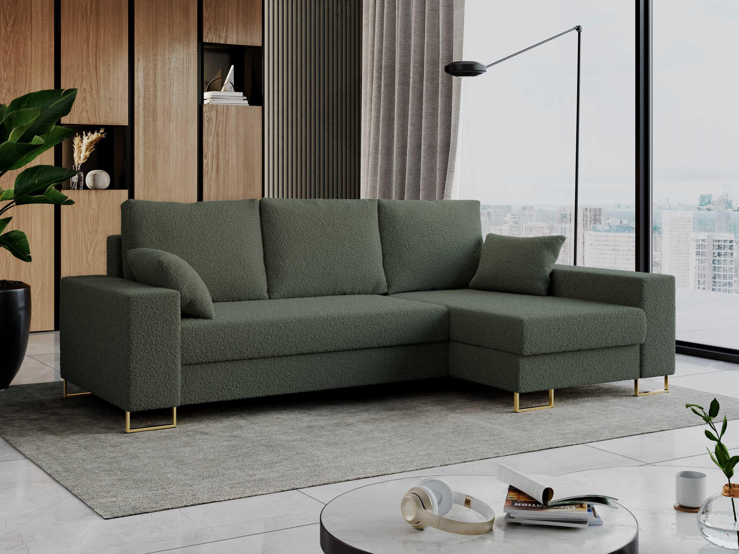 ECKSOFA Dorian Boucle Grün - Goldfarben/Grün, Textil/Metall (242/138cm) - MKS
