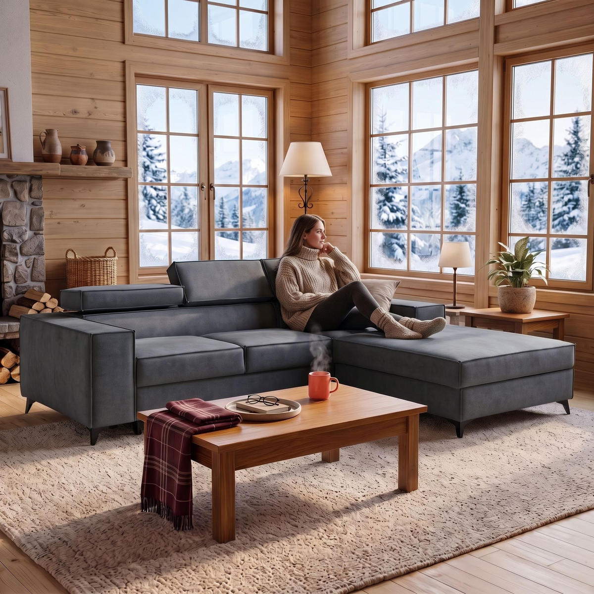 ECKSOFA PURE S Rechts mit Schlaffunktion 127x215 Velours Grau - Schwarz/Grau, Holz/Textil (204/281cm) - Muffo