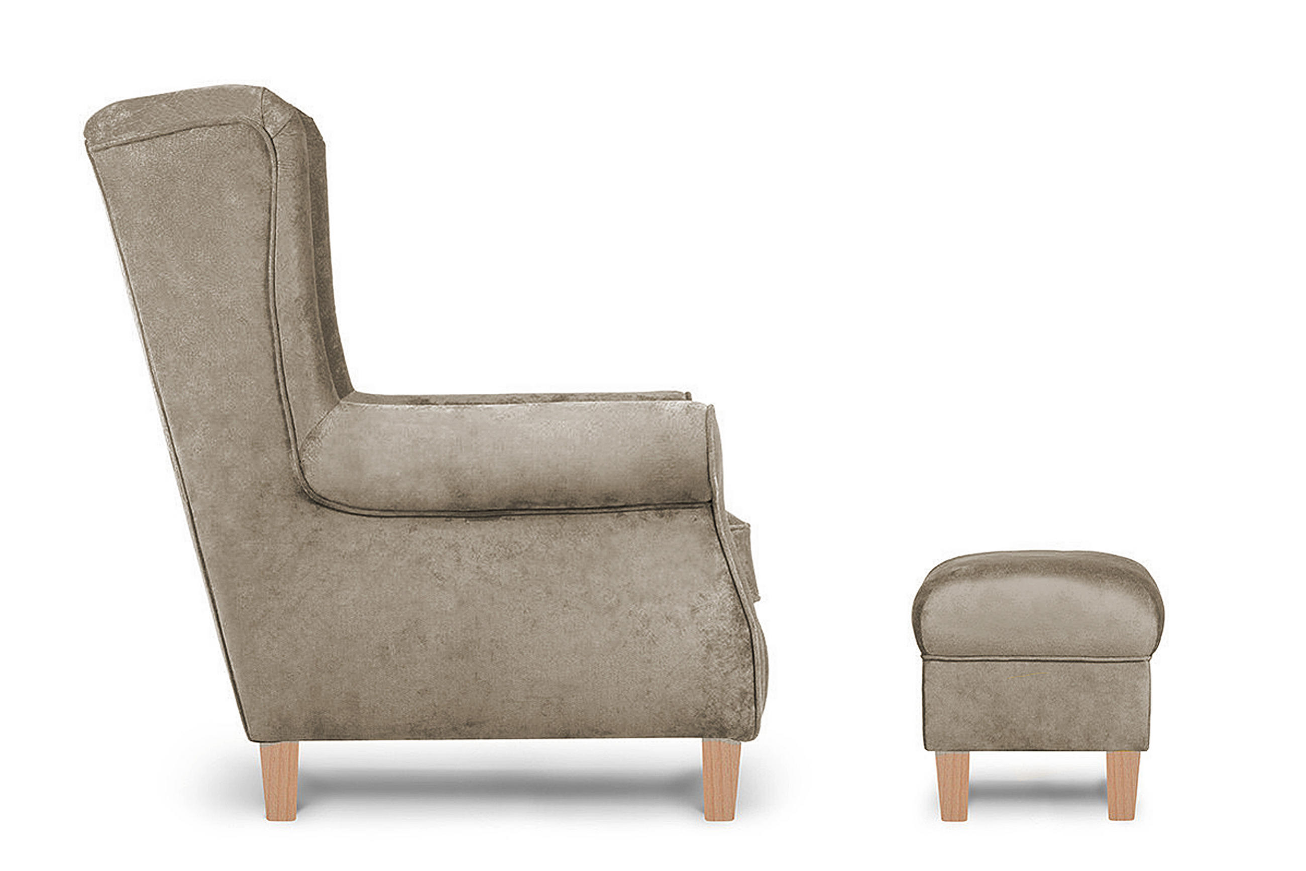 OHRENSESSEL-SET MILES inkl. Sitzhocker, Beige - Eichefarben/Beige, Holzwerkstoff/Buchenholz (82/105/97cm) - KONSIMO®