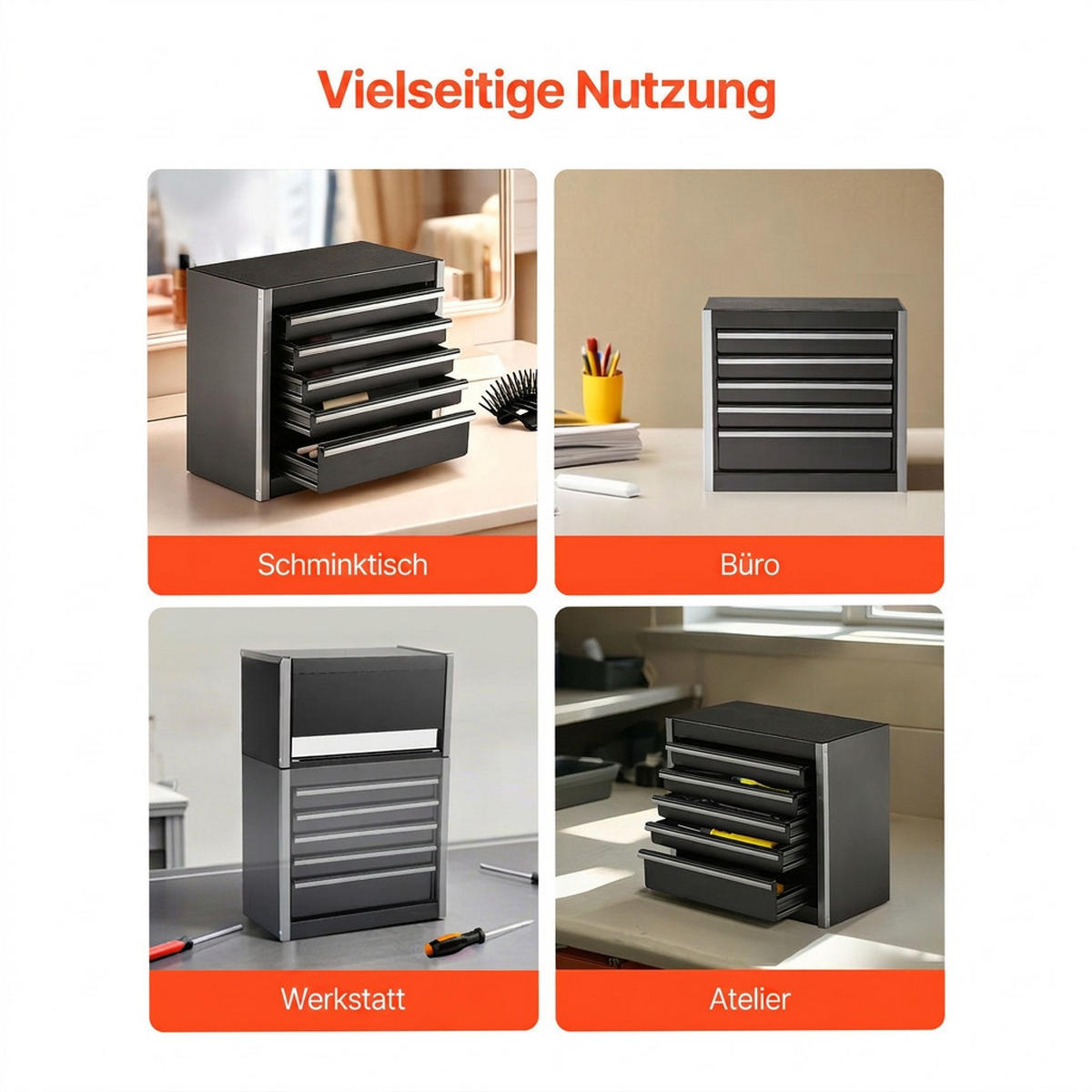WERKZEUGKOFFER 8,6 Zoll Werkzeugkasten Metall mit 5 Schubladen Tragbare Werkzeugbox Schwarz - Schwarz, Metall (10/10/10cm) - Raelunyi