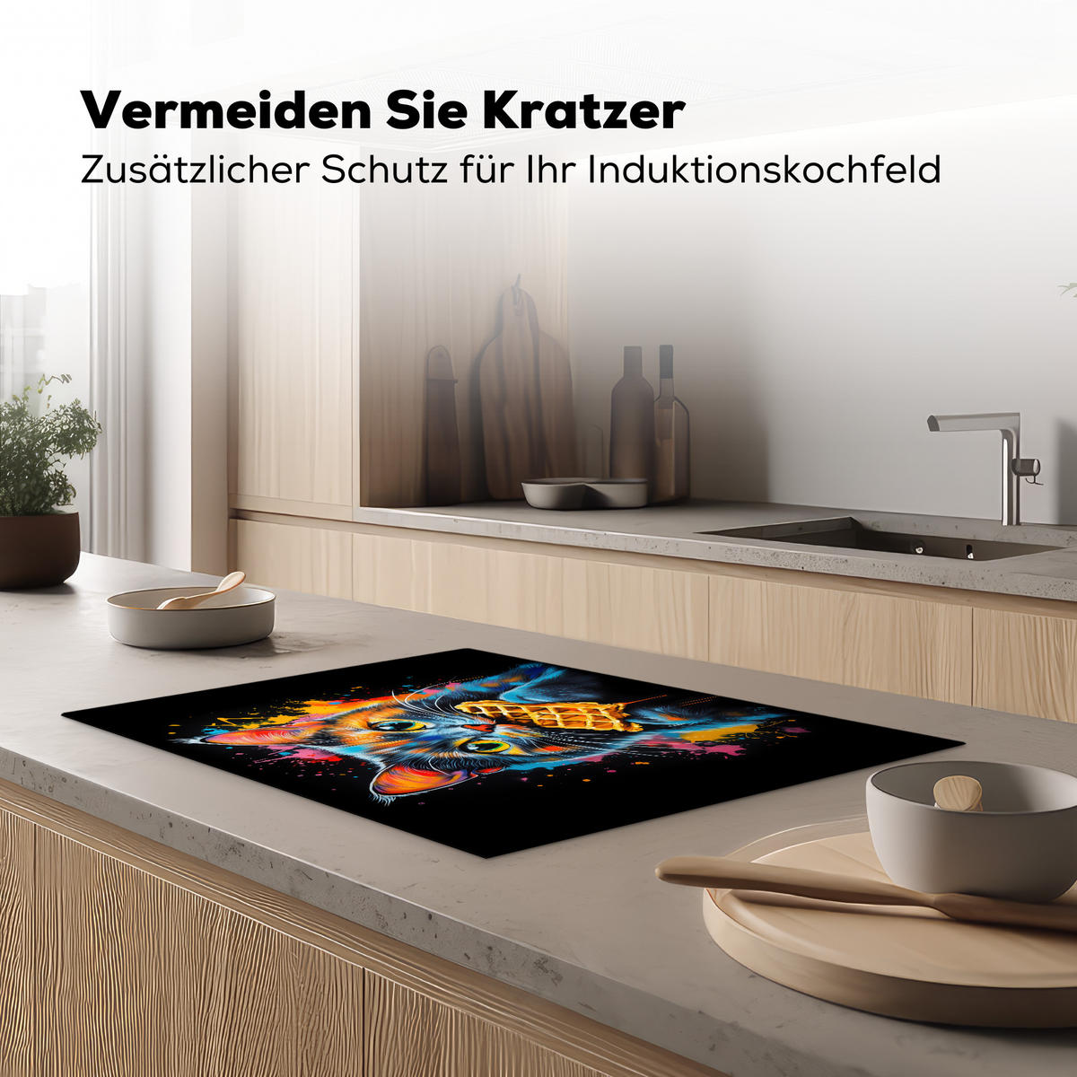 HERDABDECKPLATTE Katze - Graffiti - Bunt - Waffel - Essen Herdabdeckung Induktionsfeld 75x52 cm - Multicolor, Kunststoff (75/52/0.2cm) - MuchoWow