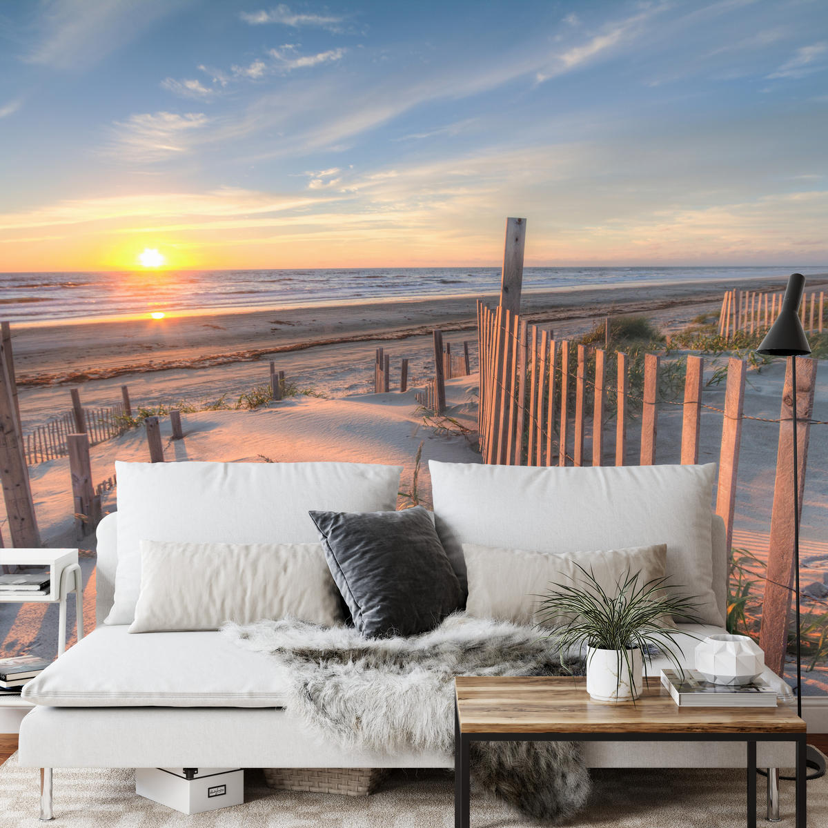 FOTOTAPETE für Wohnzimmer Sonnenaufgang Strand Meer Wellen Dünen 450x315 - Blau/Gelb, Papier (450/315cm) - Muralo