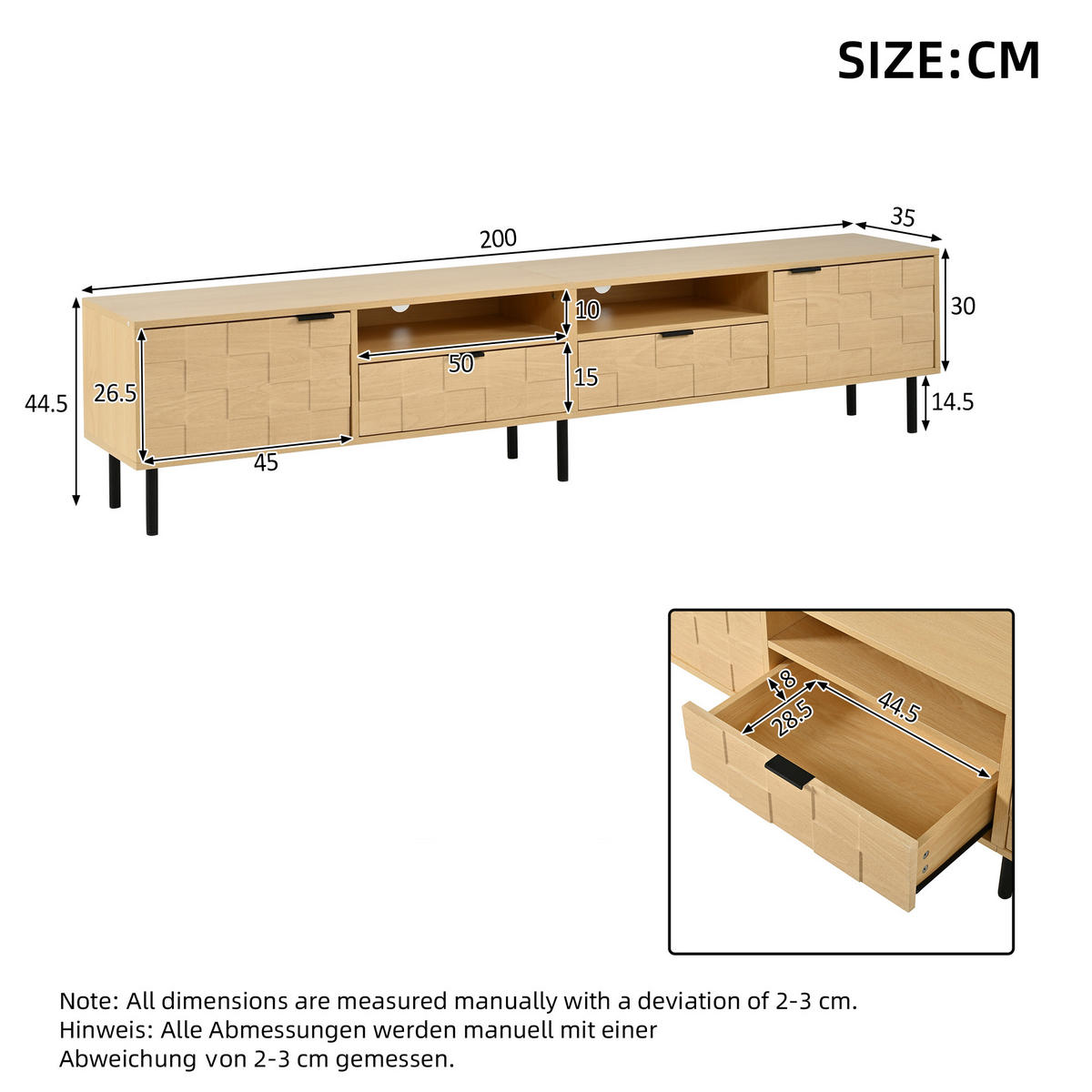 TV STOLEK v přírodní barvě se 2 zásuvkami a 2 otočnými dvířky do obývacího pokoje, 200×35×44,5 cm - přírodní/černá, kompozitní dřevo (200/44.5/35cm) - STILVORA