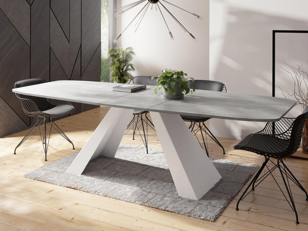 ESSTISCH Monte Weiß rechteckig ausziehbar, Grauer Beton 180-220/90/76 cm - Hellgrau/Weiß, Holzwerkstoff/Metall (180/90/76cm) - WFL GROUP