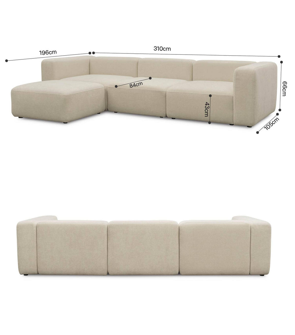 SOFA modular Cubo 4-Sitzer inkl. Hocker - Beige, Textil (314/201cm) - Mokebo