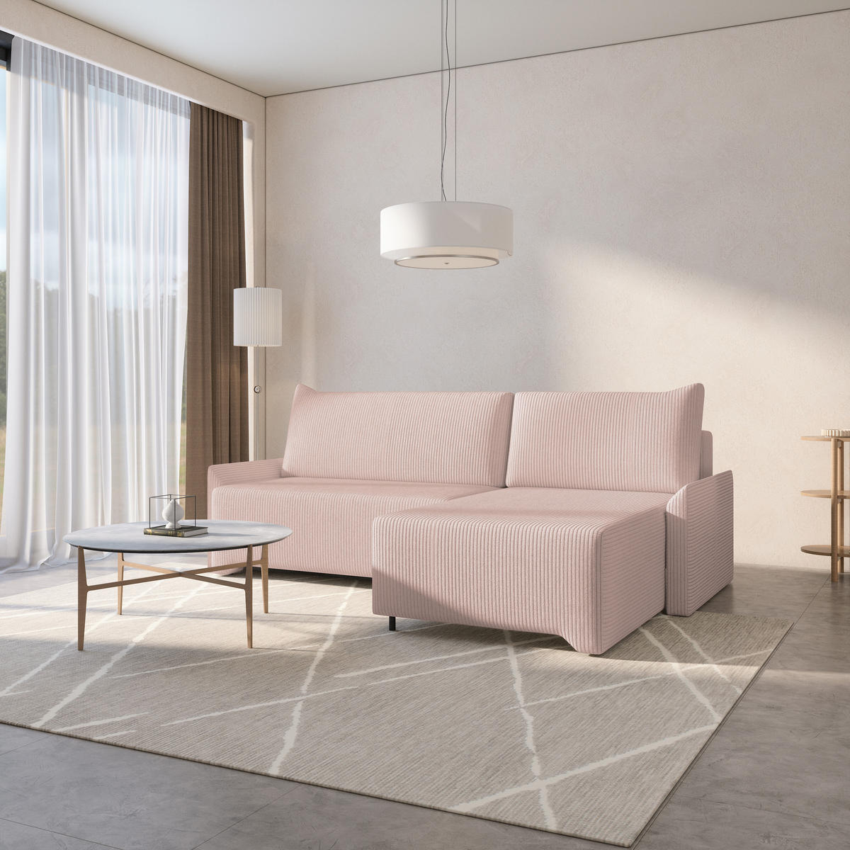 ECKSCHLAFSOFA - Rocky - Rechts, Flamingo (Poso 52) - Schwarz/Rosa, Holzwerkstoff/Metall (245/174cm) - Möblo