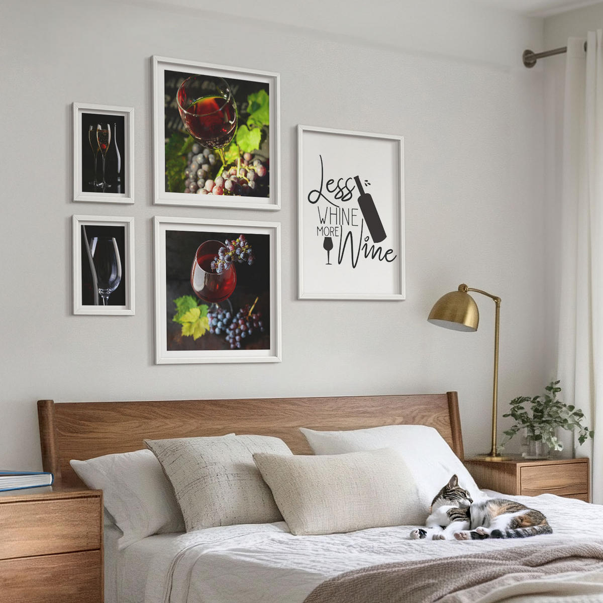 WANDBILDER 5er-Set - 50x50 cm & 20x30 cm & 40x60 cm Weißer Rahmen - Weingläser mit Trauben und Inschrift - Weiß, Kunststoff (40/60cm) - ArtPrintCave