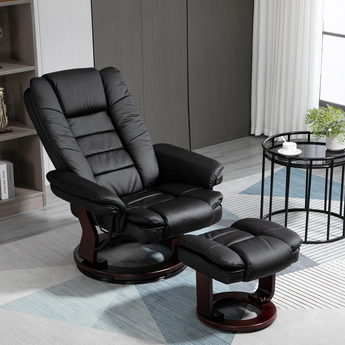 RELAXSESSEL mit Hocker 360°Drehbarer Fernsehsessel mit Liegefunktion Kunstleder - Schwarz/Braun, Leder/Holz (82/106/85cm) - HOMCOM