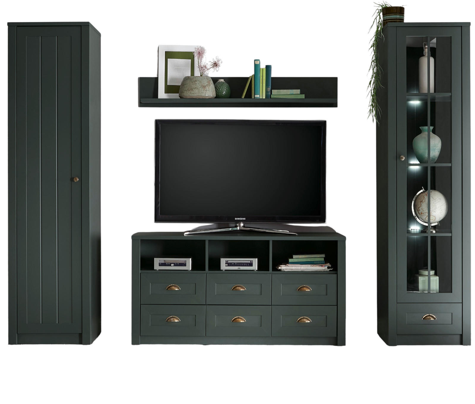 WOHNWAND grün 4-teilig 270 cm Landhaus, Wohnkombination mit viel Stauraum - Chromfarben/Schwarz, Glas/Holzwerkstoff (270/198/43cm) - Furn.Design