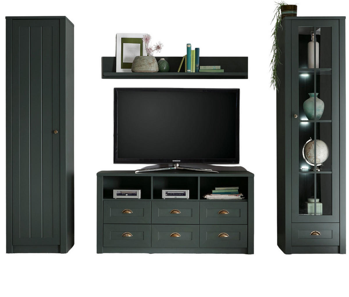WOHNWAND grün 4-teilig 270 cm Landhaus, Wohnkombination mit viel Stauraum - Chromfarben/Schwarz, Glas/Holzwerkstoff (270/198/43cm) - Furn.Design
