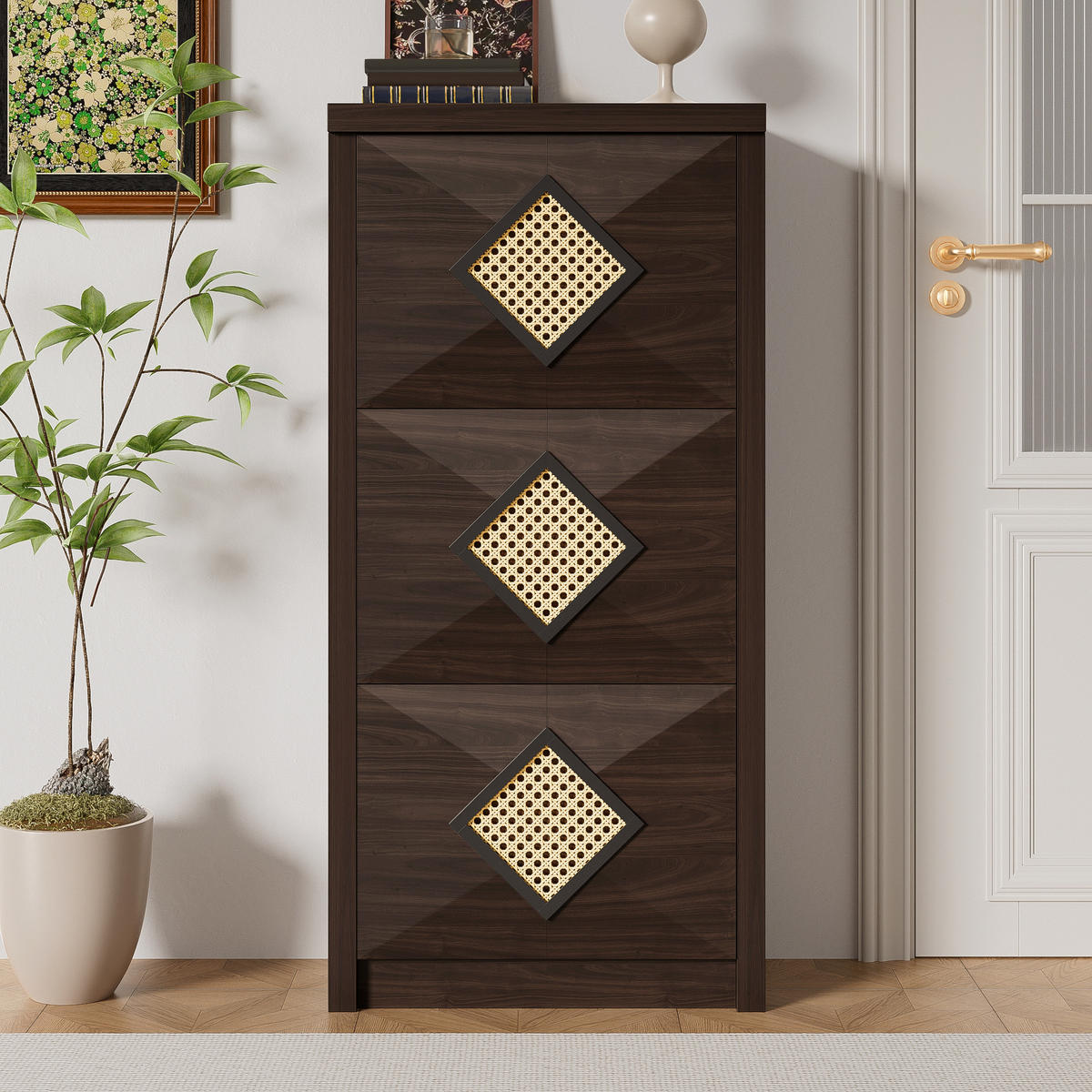 SCHUHSCHRANK 54x25x115 Rattan Dekor 3 Klappfächer Holzoptik - Naturfarben, Holzwerkstoff (25/115/54cm) - FLIEKS