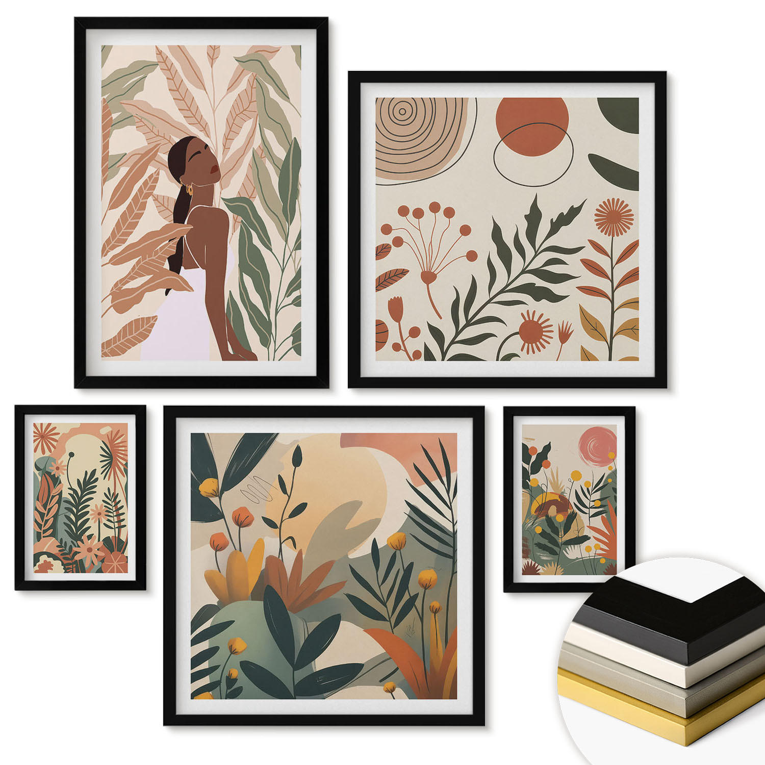 WANDBILDER 5er-Set - 50x50 cm & 20x30 cm & 40x60 cm Schwarzer Rahmen - Pflanzenmotive in Farben - Schwarz, Kunststoff (40/60cm) - ArtPrintCave