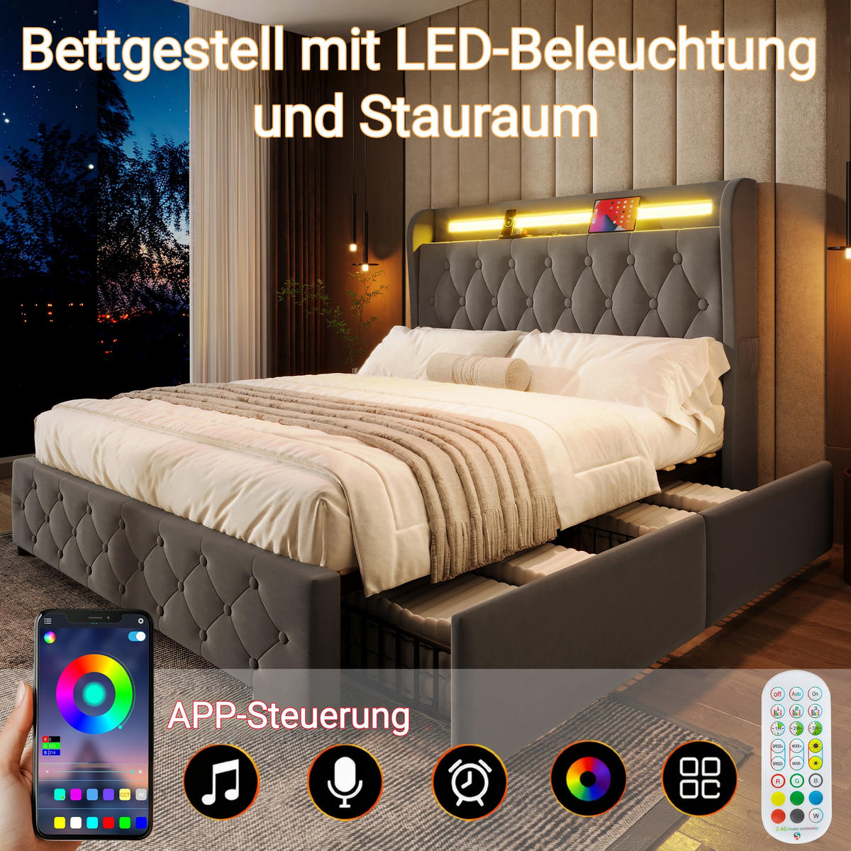 POLSTERBETT 140/190 cm Grau aus Samt mit LED-Beleuchtung und USB- und Type-C-Anschlüssen mit 4 Schubladen - Grau, Textil (140/190cm) - OKWISH