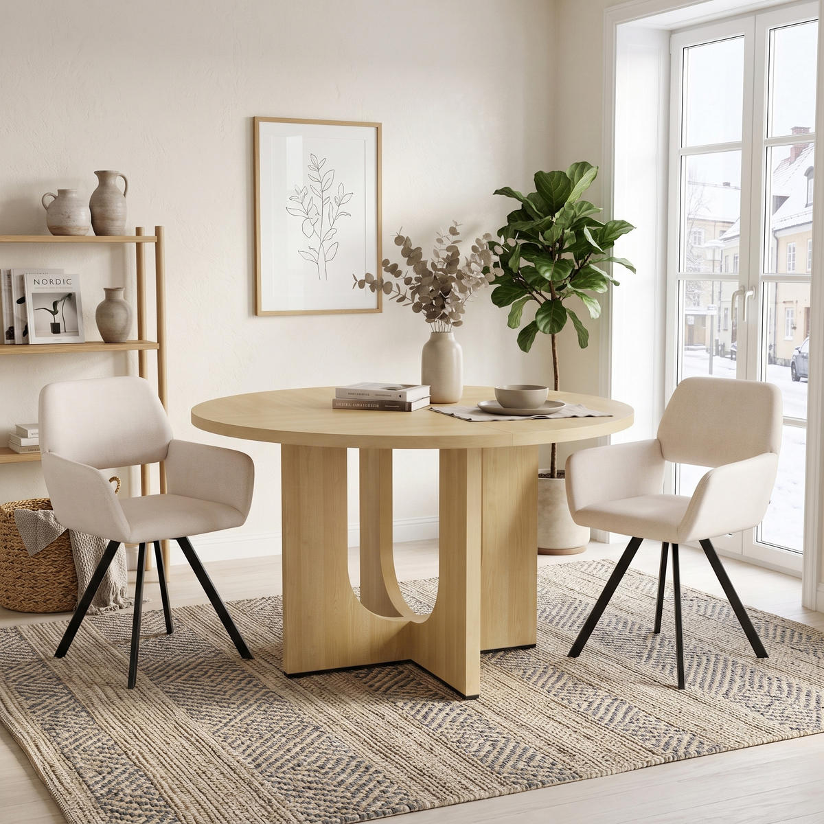 ESSGRUPPE 1+2 Runder Tisch Ø120cm Eiche & 2 beige Drehstühle - Eichefarben, Holzwerkstoff (120/75/120cm) - Urban Meuble