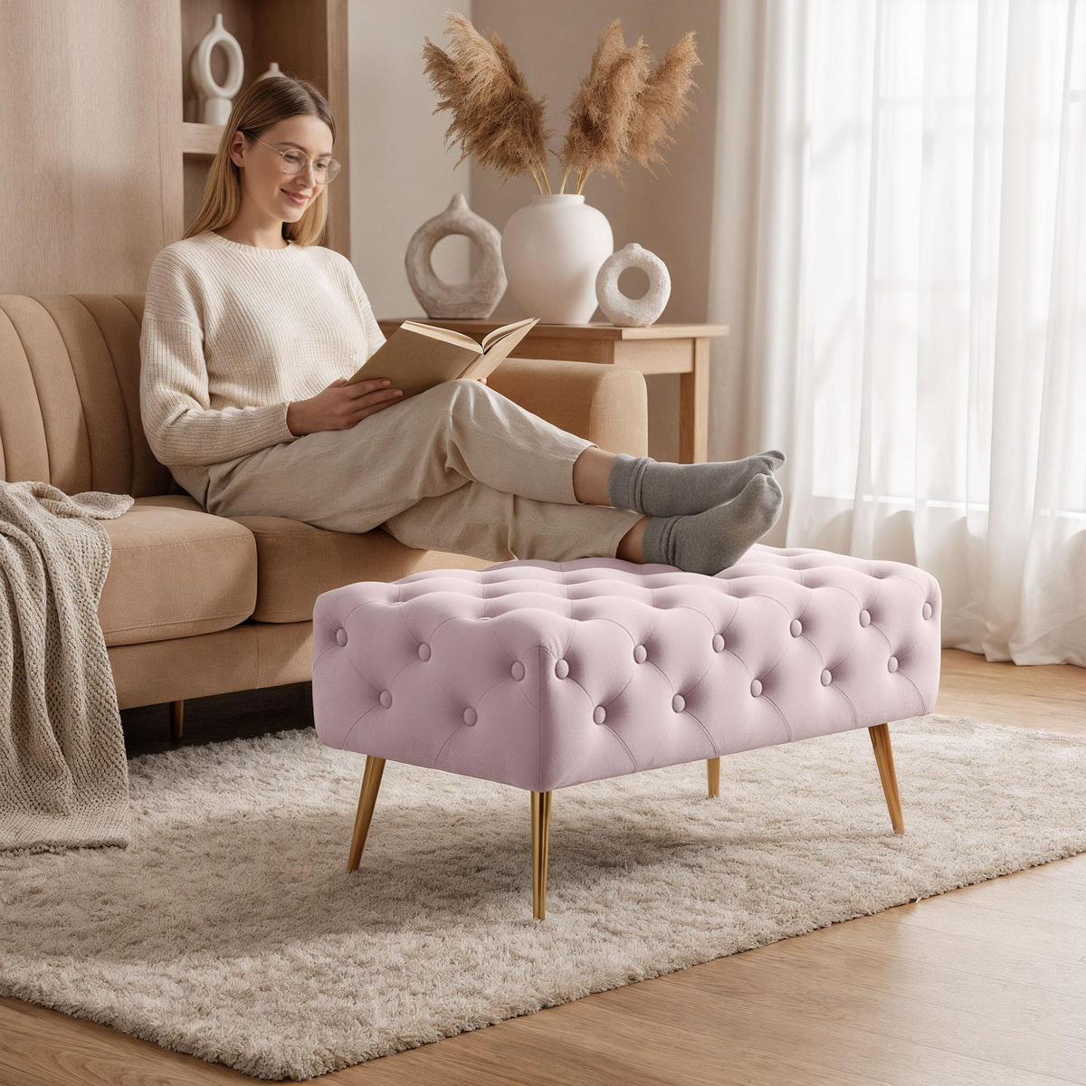 SITZHOCKER MADRID, Rosa, T80xB37xH42 - Pink, Holz (37/42/80cm) - Milordbikes