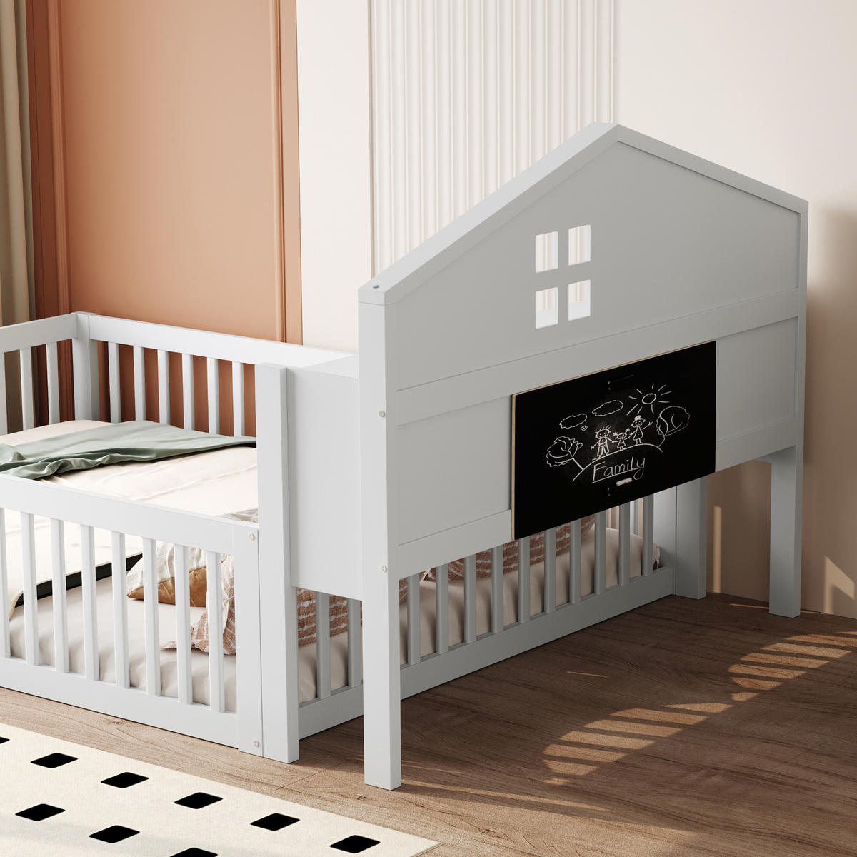 BODENBETT 140/200 cm weiß aus Massivholz mit Kreidetafel und Stauraum - Weiß, Holz (140/200cm) - OKWISH