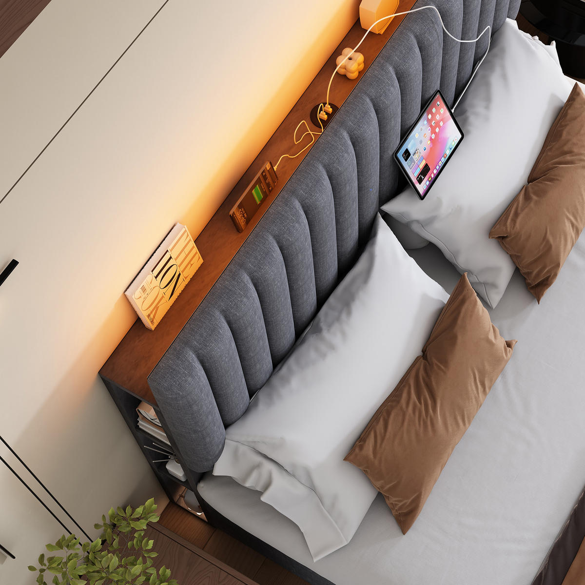 POLSTERBETT 140/200 cm mit Bettkasten, LED-Kopfteil, USB/Type-C & Stauraumfächern,Grau - Grau, Textil (140/200cm) - Redom