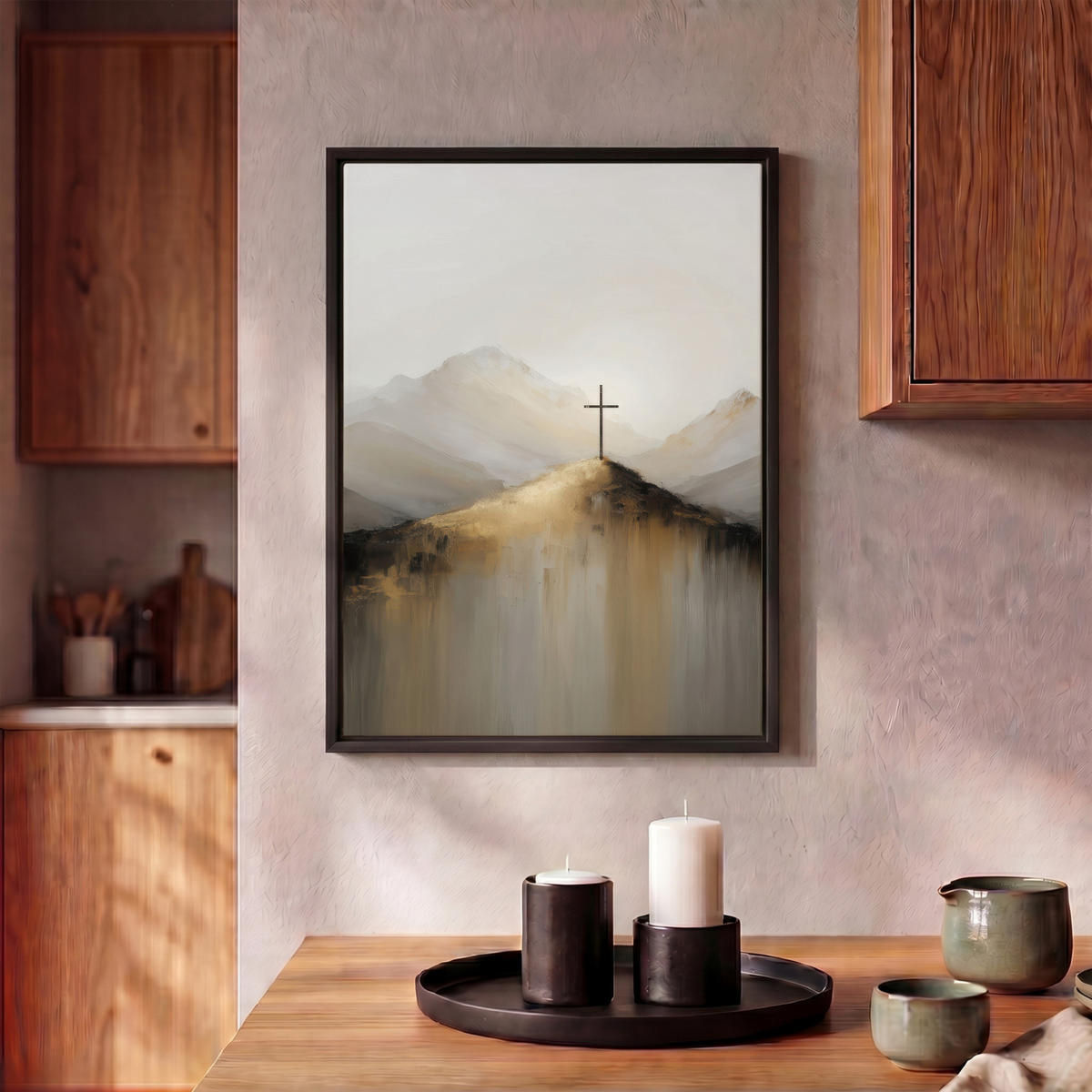 LEINWAND Bilder mit Rahmen - Hügel - Abstrakt - Kreuz - Christentum - 30x40 - Beige, Textil (30/40cm) - MuchoWow