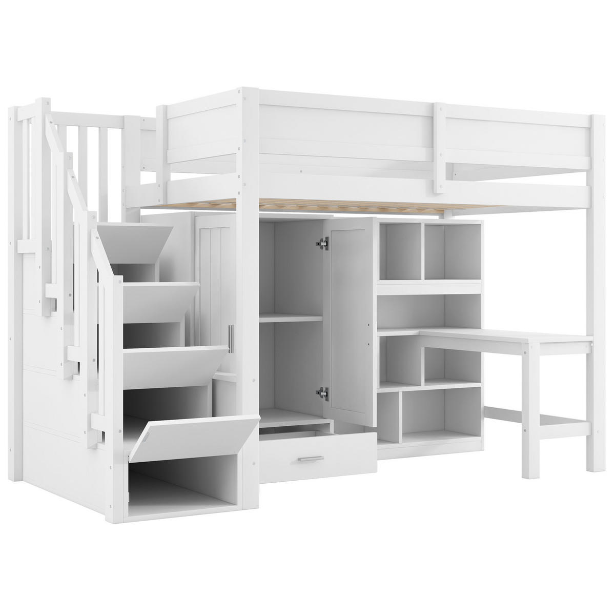 HOCHBETT 90/200 cm, weiß mit Schreibtisch, Regal, Kleiderschrank und LED - Weiß, Holz (90/200cm) - MIVRAY