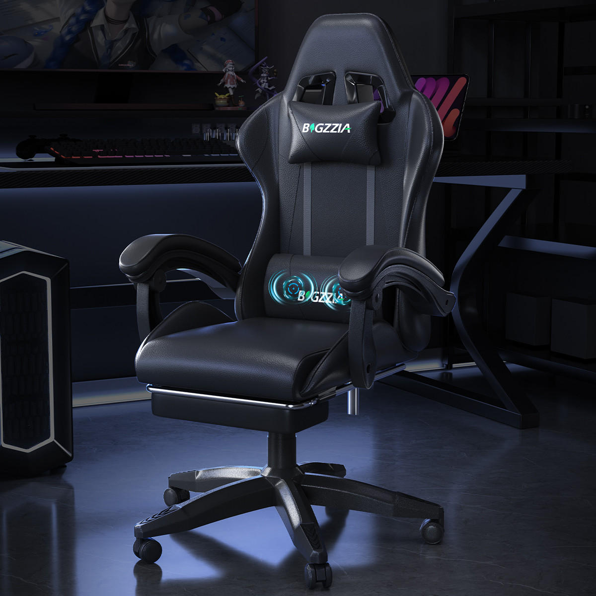 GAMINGSTUHL Schwarz,mit Massage,Fußstütze, Ergonomisch, Verstellbar - Schwarz, Metall (26/59/77cm) - Rattrix