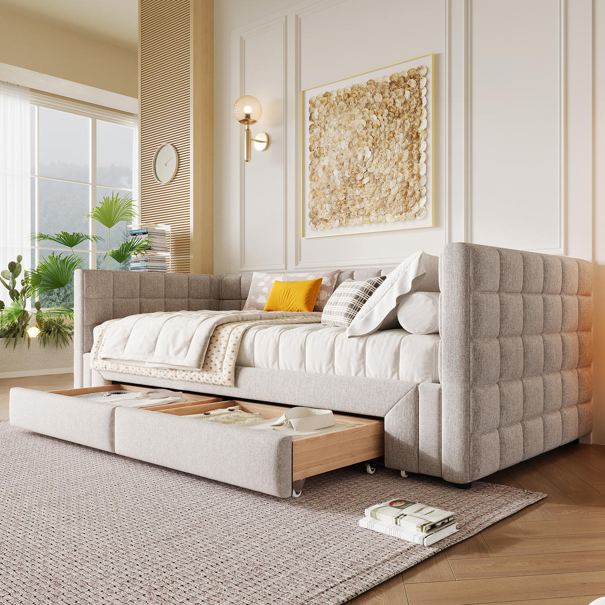 TAGEBETT 90x200cm Beige quadratische Rückenlehne Ausziehbett 2 Schubladen - Beige, Holz (90/200cm) - FLIEKS