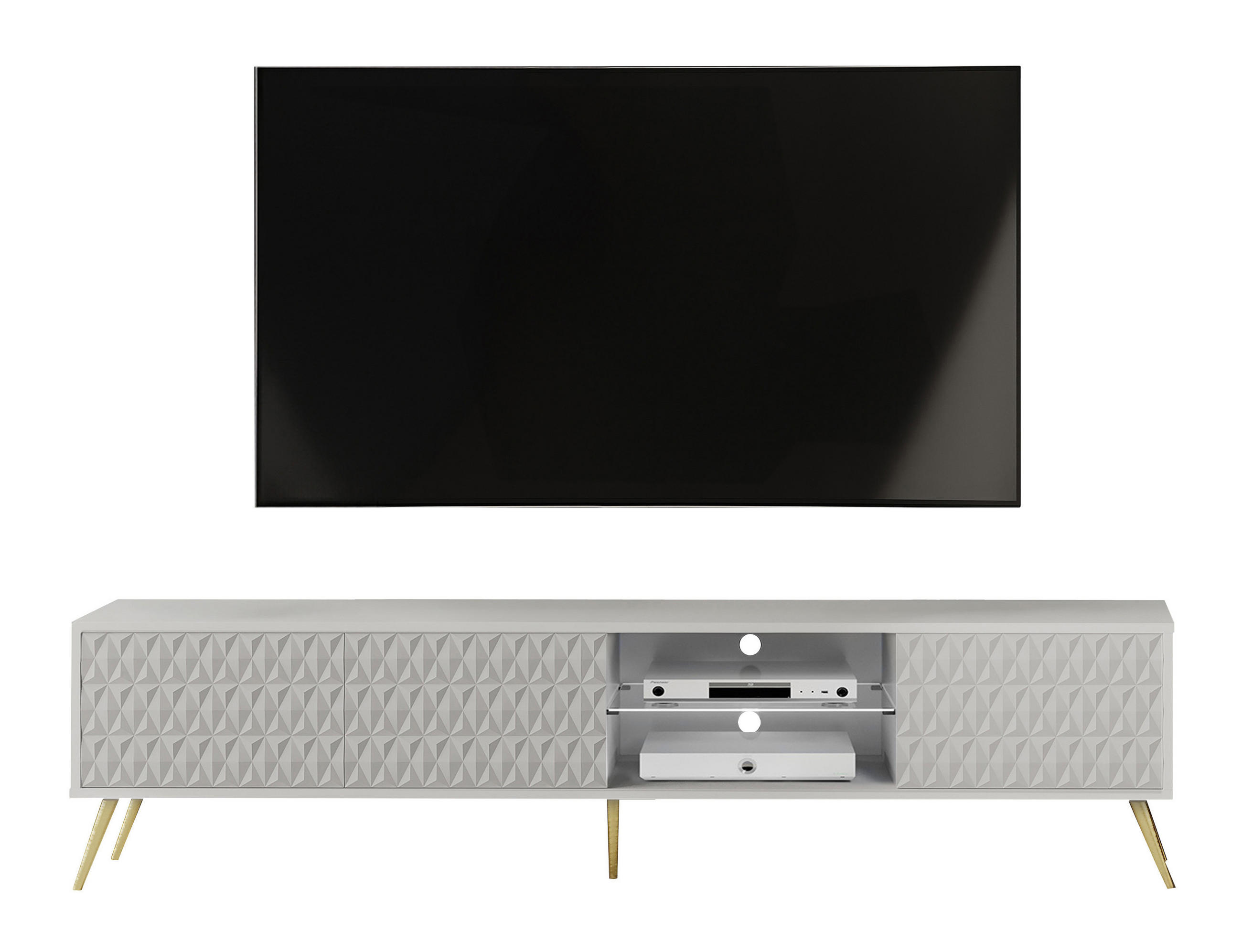 LOWBOARD Delvine 3T Weiß 175/45/31.6 cm – mit offener Ablage und Kabeldurchlass - Goldfarben/Weiß, Holzwerkstoff (175/45/31.6cm) - AX Living