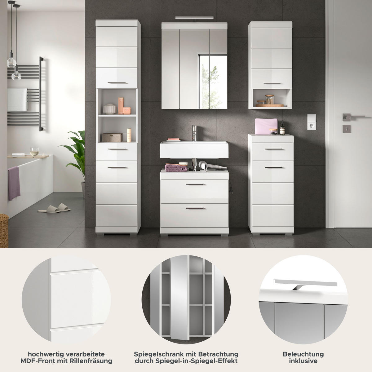 BADKOMBINATION 5tlg. Scout Bad in weiß Nachbildung und weiß hochglanz B/H/T: 164x191x34 cm - Weiß, Holz (164/191/37cm)