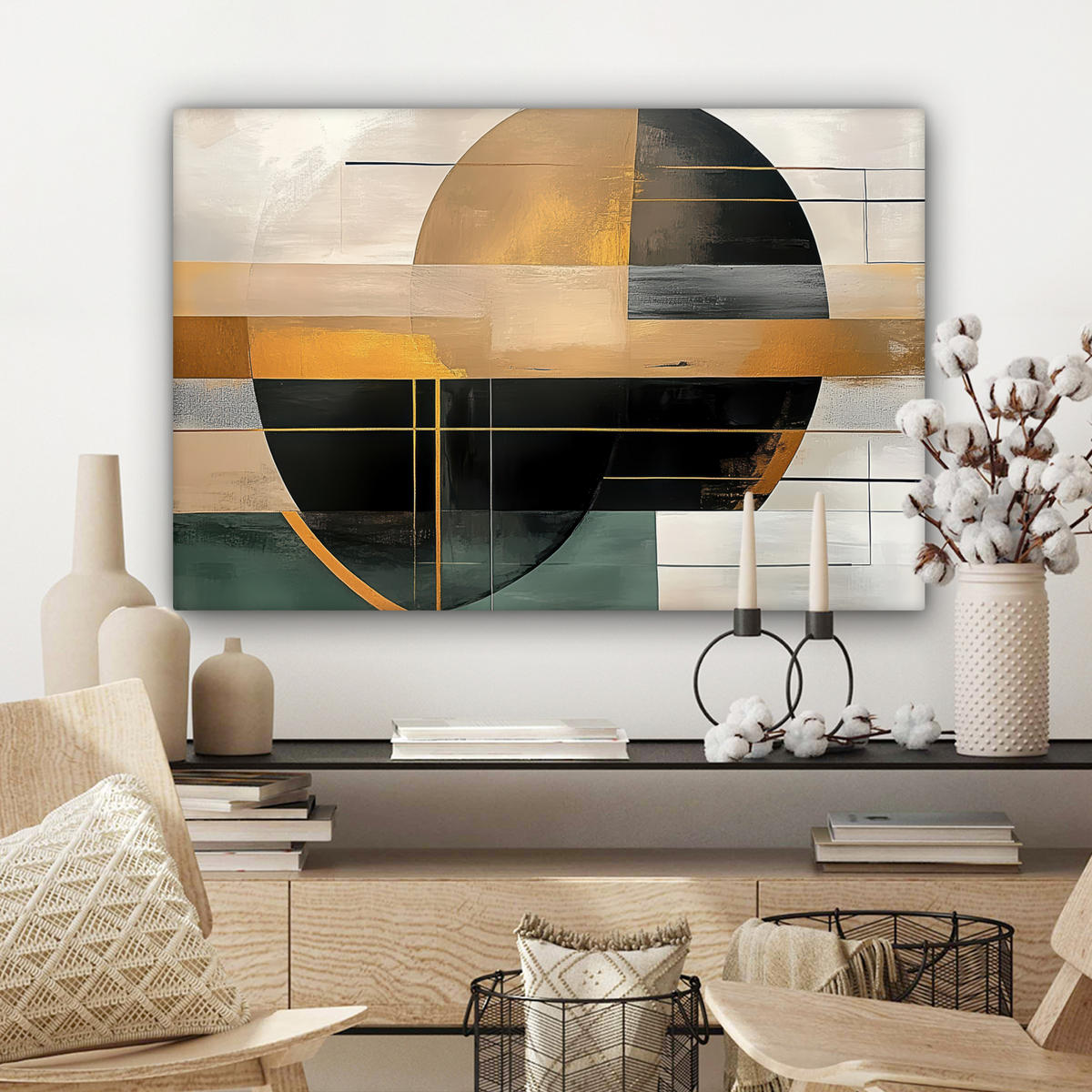LEINWANDBILD - Abstrakt - Gold - Bronze - Grün - Formen - Modern - 90x60 - Deko Wohnzimmer - Multicolor, Textil (90/60cm) - MuchoWow