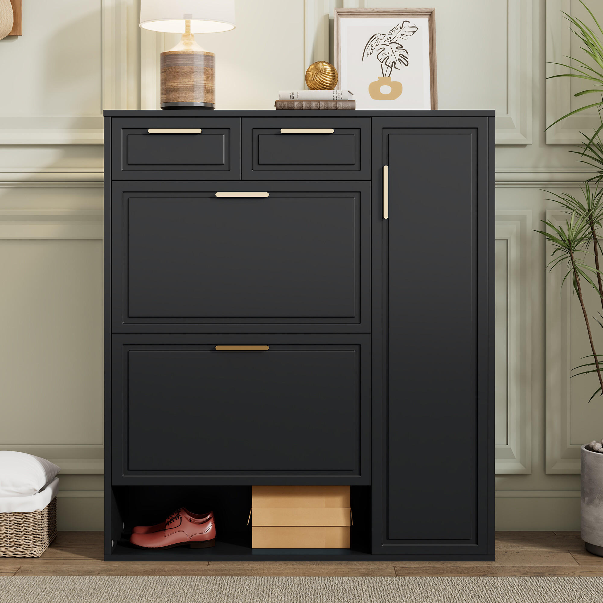 SCHUHSCHRANK mit verstellbaren Regalen und Schubladen, Schwarz - Schwarz, Holzwerkstoff (24/107/95cm) - Urban Meuble