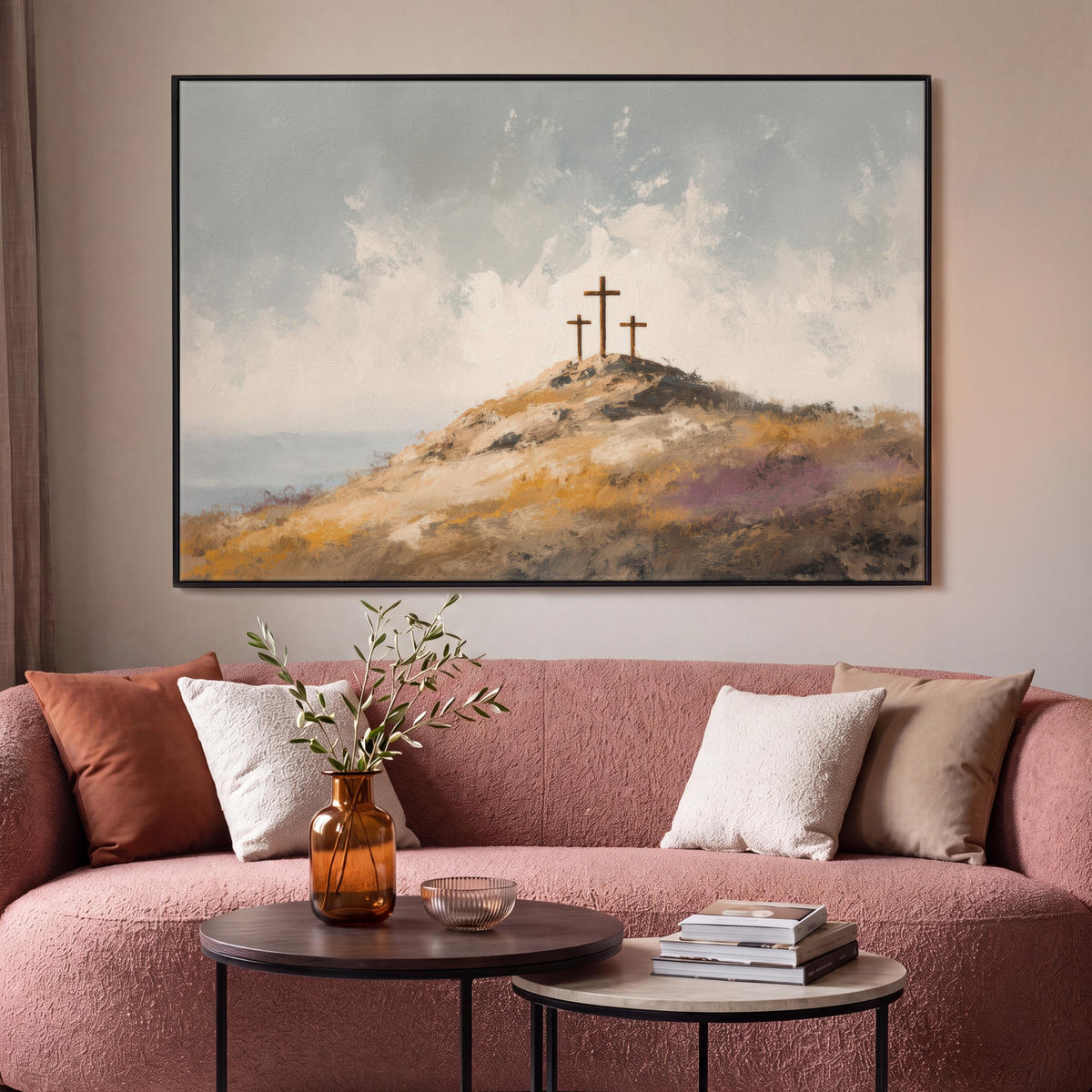 LEINWAND Bilder mit Rahmen - Hügel - Abstrakt - Christentum - Kreuz - 120x80 - Hellgrau, Textil (120/80cm) - MuchoWow