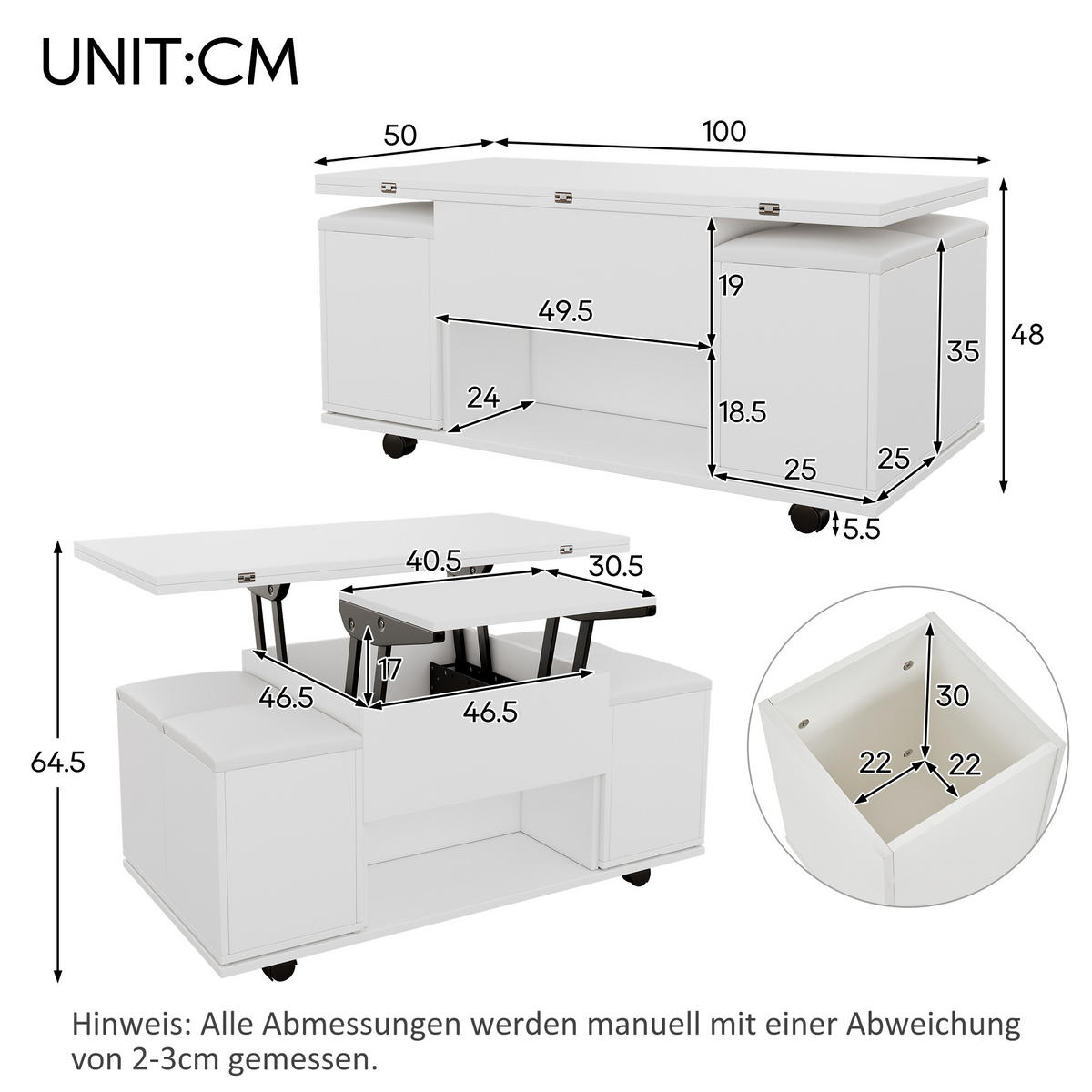 COUCHTISCH höhenverstellbar 100/51 cm weiß 2-in-1-Design mit Stauraum - Weiß, Holzwerkstoff (100/50/48cm) - OKWISH