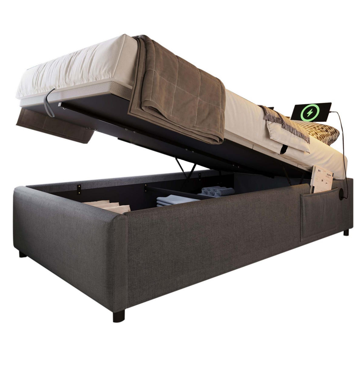 POLSTERBETT aus Baumwoll-Leinen 90x190 cm in Grau mit USB-C & Stauraum - Grau, Textil (90/190cm) - Modfu