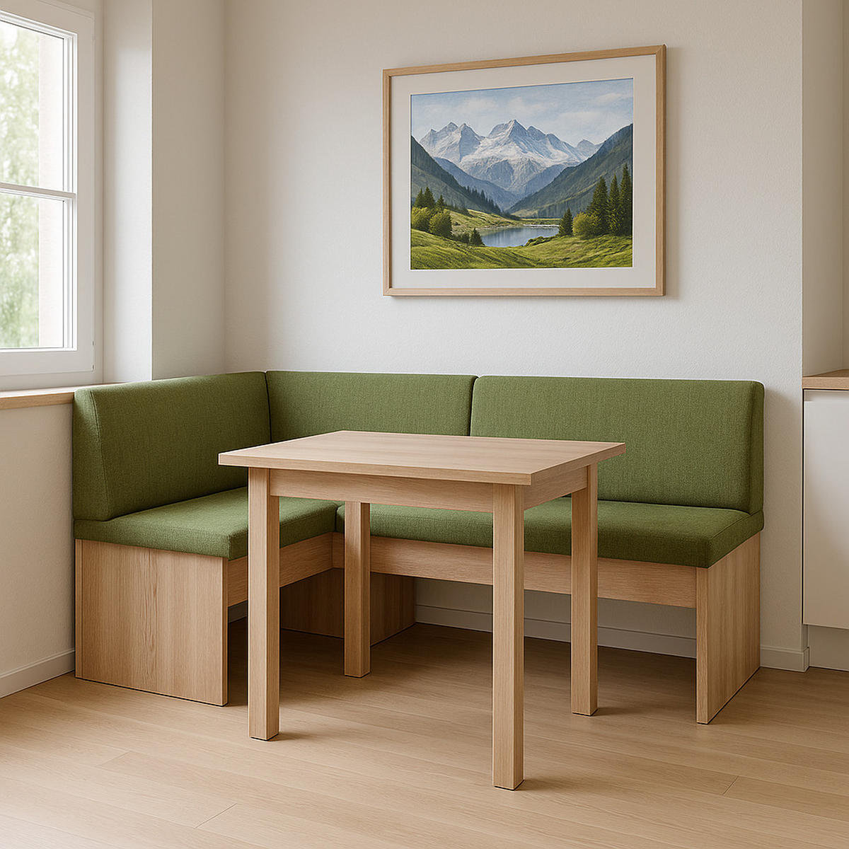 ECKBANKGRUPPE Die Vielseitige, Tisch II - Eichefarben/Grün, Holzwerkstoff/Buchenholz (145/86/185cm) - Kundler Home