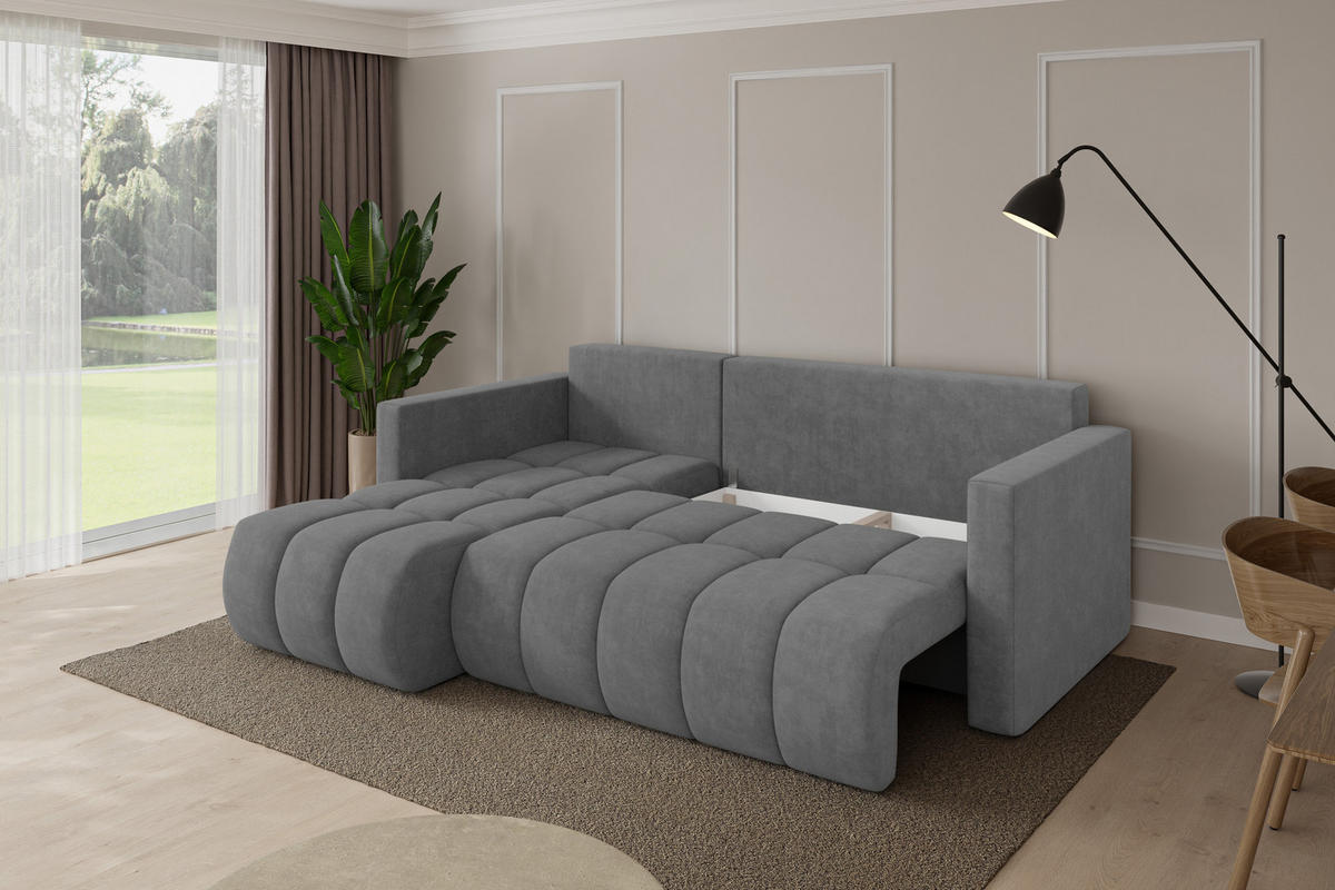 ROHOVÁ SEDAČKA s funkcí spaní, otoman vlevo GARD-L 226x146x85 šedá velur - černá/šedohnědá, kompozitní dřevo/textil (226/146cm) - ALTDECOR