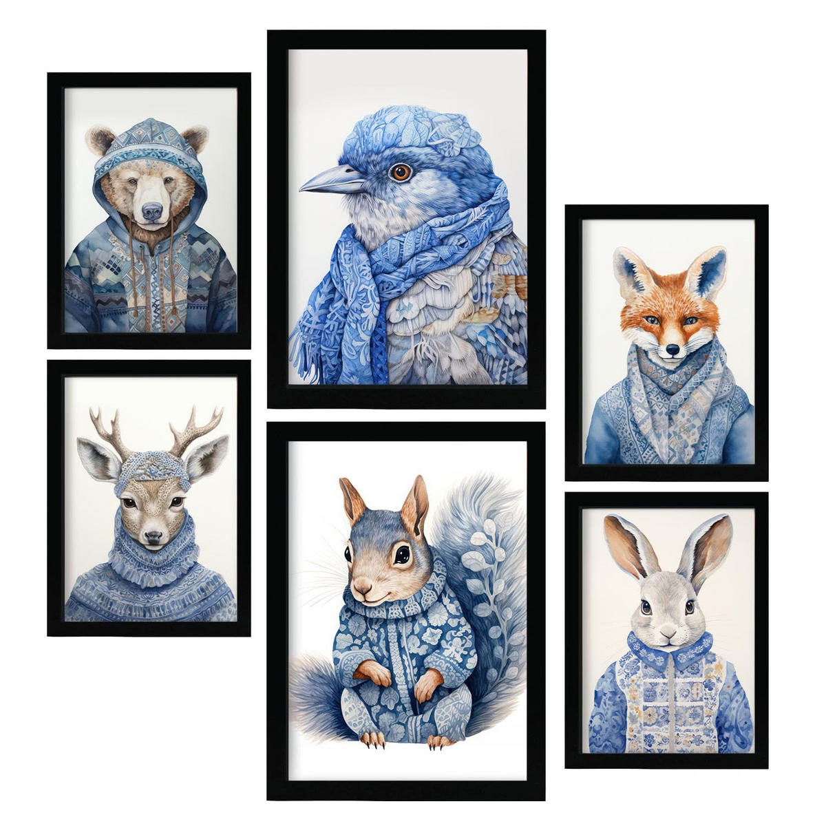 POSTER Set Mit 6 Tiere In Winterkleidung A3 & A4 Schwarzer Rahmen - Schwarz, Papier (29/3cm) - Nacnic