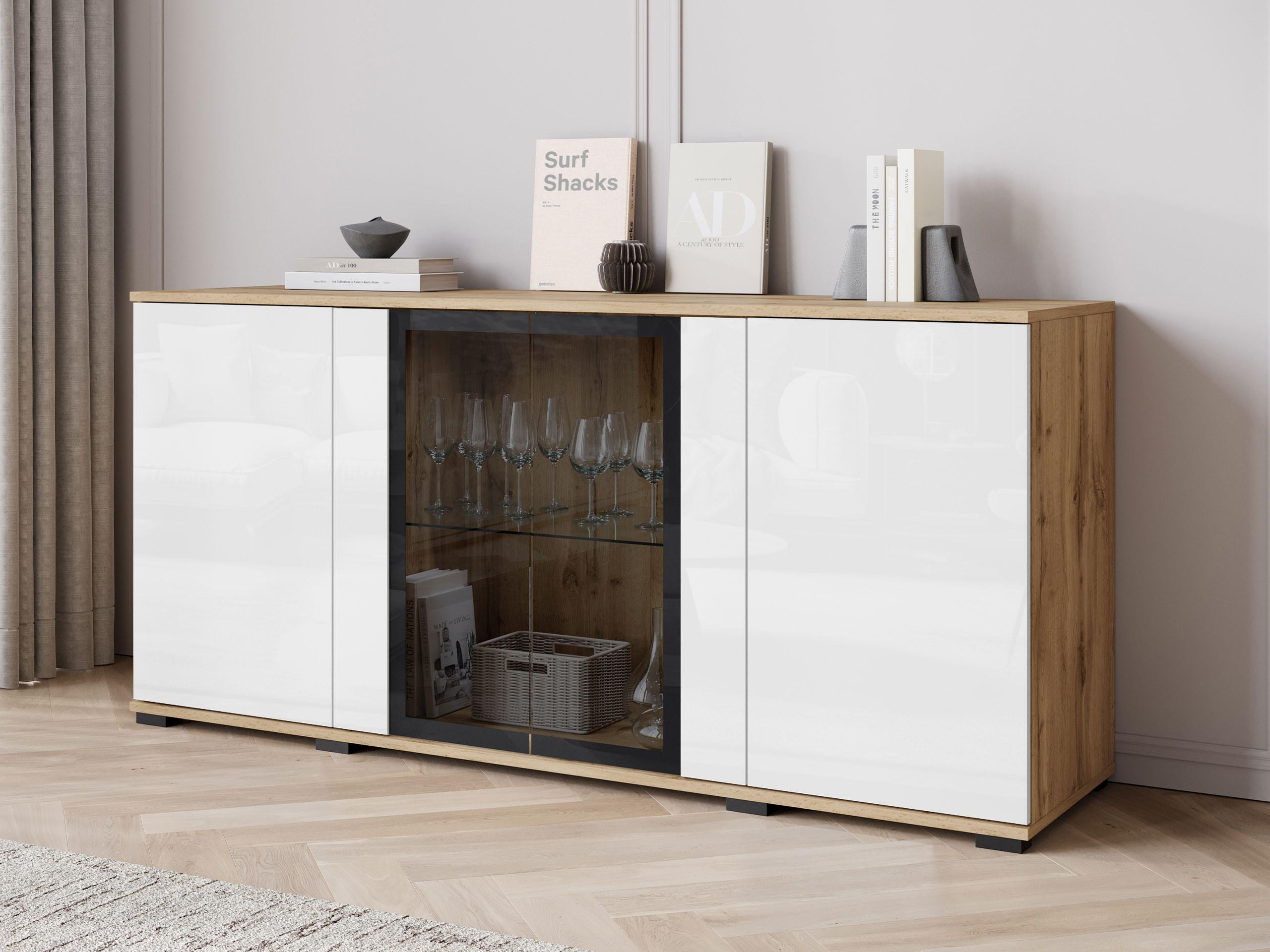 KOMMODE Caro SB 154 4D - Eiche Wotan/Schwarz, Holzwerkstoff/Kunststoff (150/70/40cm) - MIRJAN24