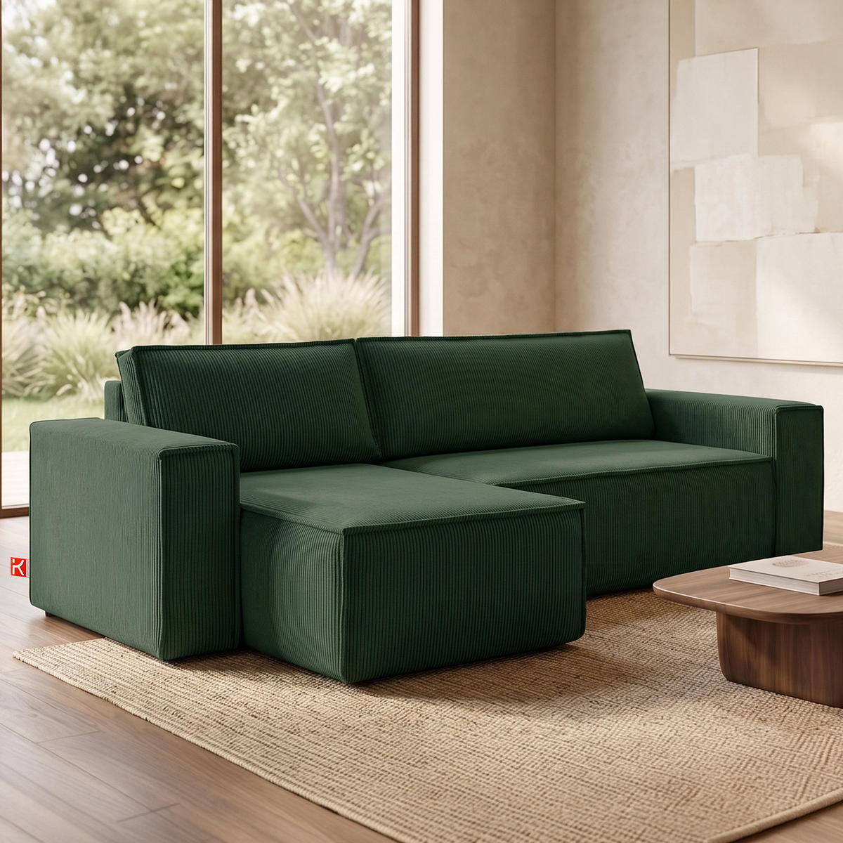 ECKSCHLAFSOFA NAPI Universal Links Rechts mit Bettkasten, Cord-Stoff, dunkelgrün - Dunkelgrün/Schwarz, Textil (262/148cm) - KONSIMO®