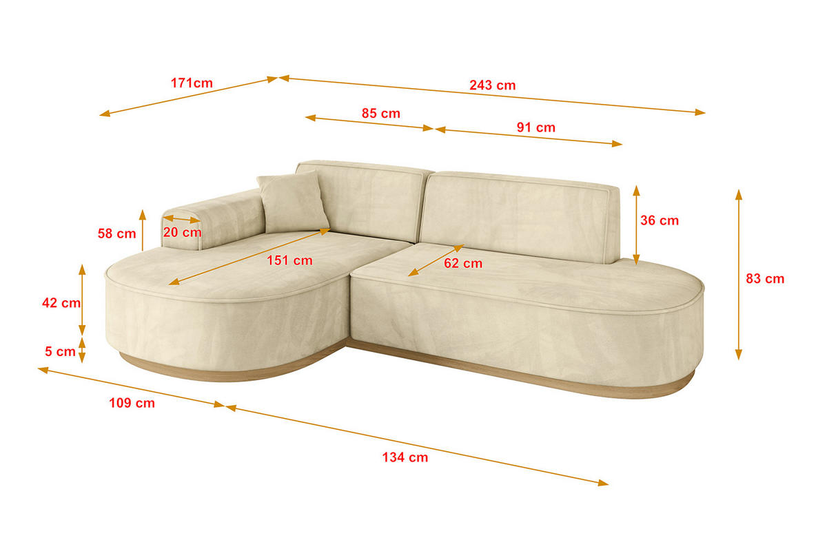 ECKSOFA Ottomane Links MARI-L1-v2 - 243x171x83 cm Beige Velours - Beige, Holzwerkstoff/Textil (243/171cm) - ALTDECOR