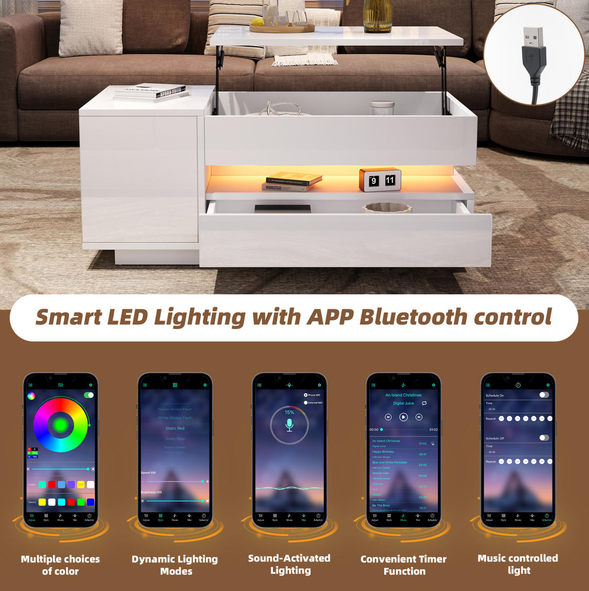 COUCHTISCH 90/50/34.5 cm weiß aus Spanplatte mit Hebefunktion und LED - Weiß, Holzwerkstoff (95/50/34.5cm) - OKMYHOME