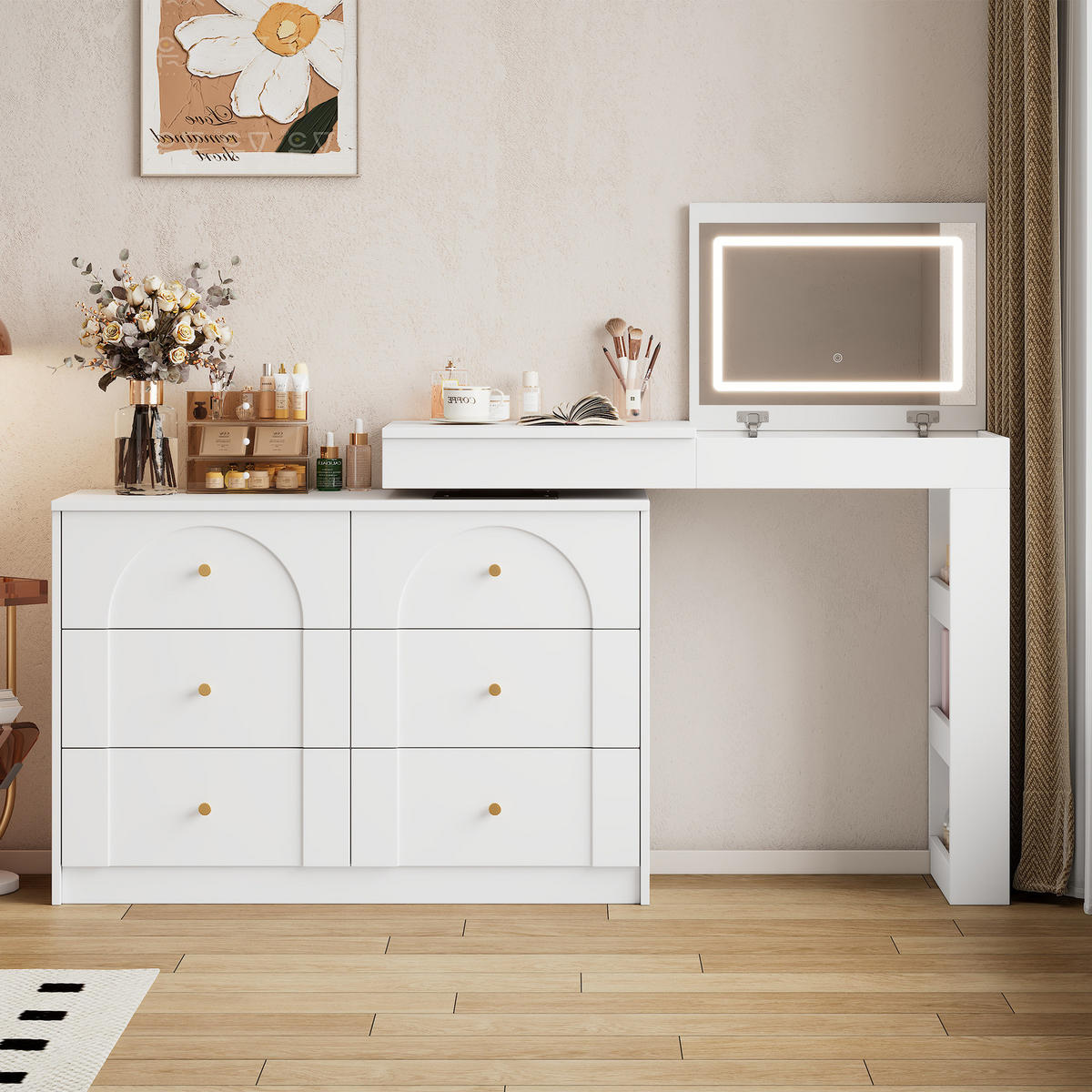 SCHMINKTISCH in Weiß Drehbarer Frisiertisch mit LED Beleuchtung Frisiertisch Bürotisch für Schlafzimmer,B105/T40/H80cm - Weiß, Holzwerkstoff/Metall (153/80/40cm) - STILVORA